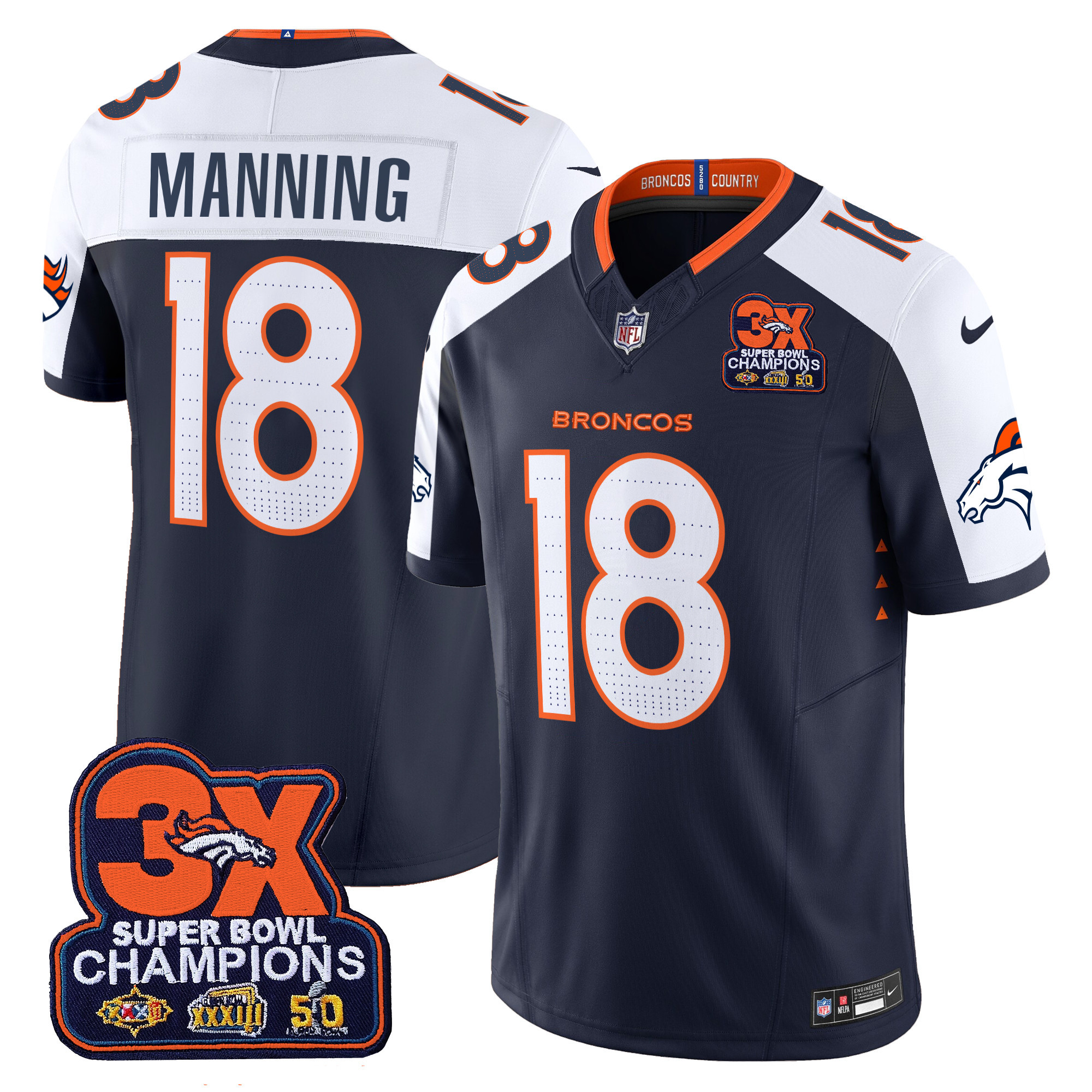 Peyton Manning Men's Denver Broncos 3-Time Champions Patch Vapor Limited Navy Alternate Jersey - All Stitched