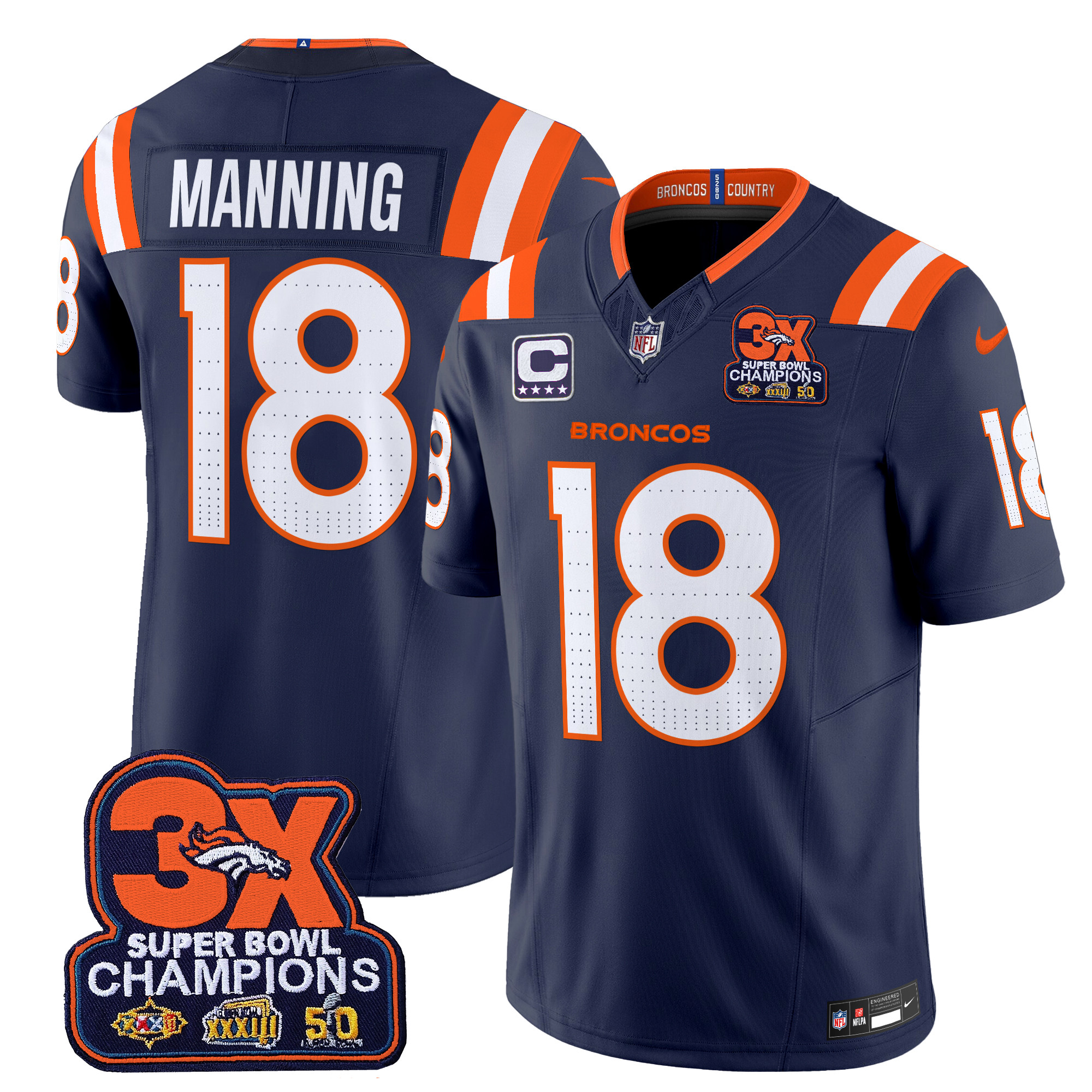 Peyton Manning Men's Denver Broncos 3-Time Champions Patch Vapor Limited Navy Jersey - All Stitched