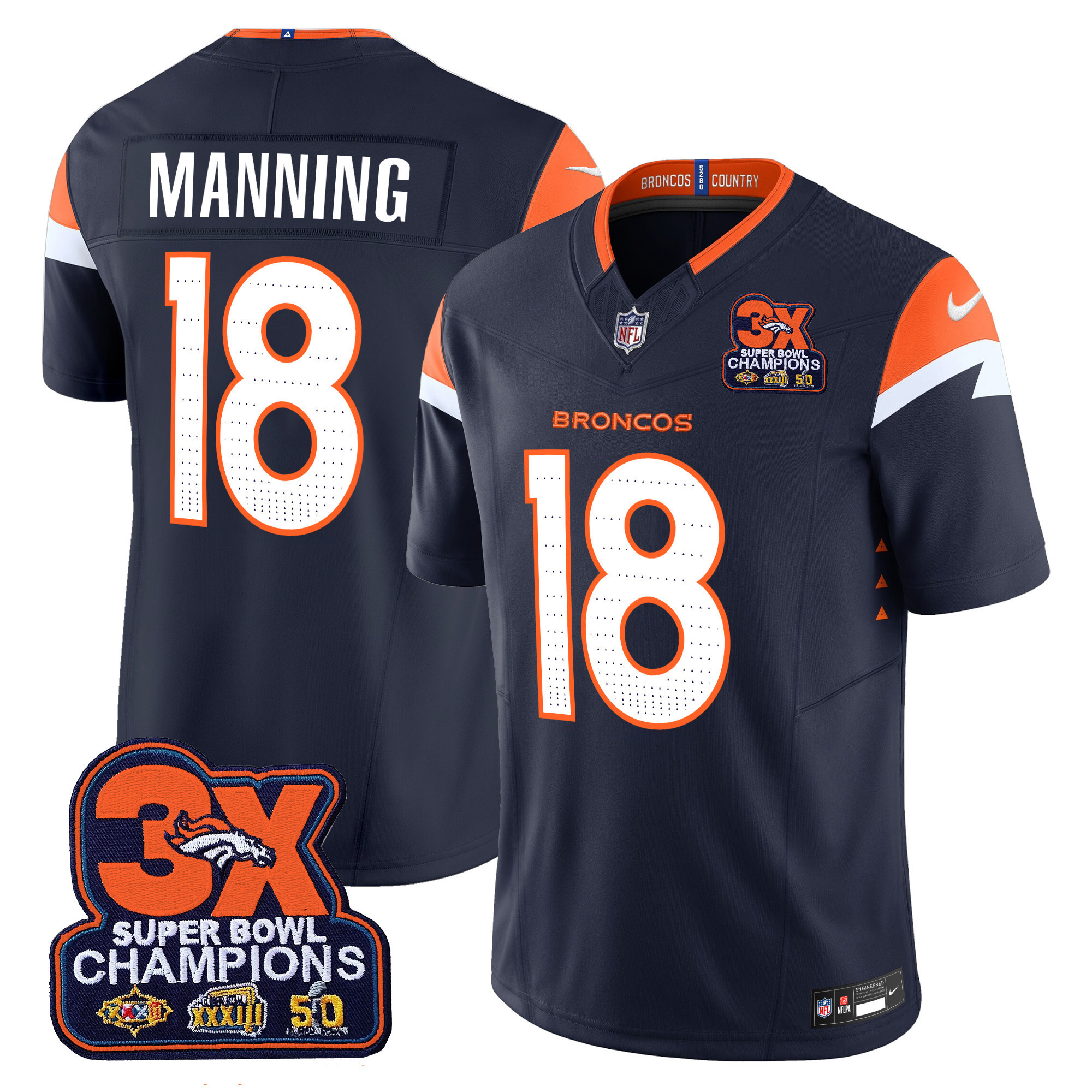 Peyton Manning Men's Denver Broncos 3-Time Champions Patch Vapor Limited Navy Jersey - All Stitched