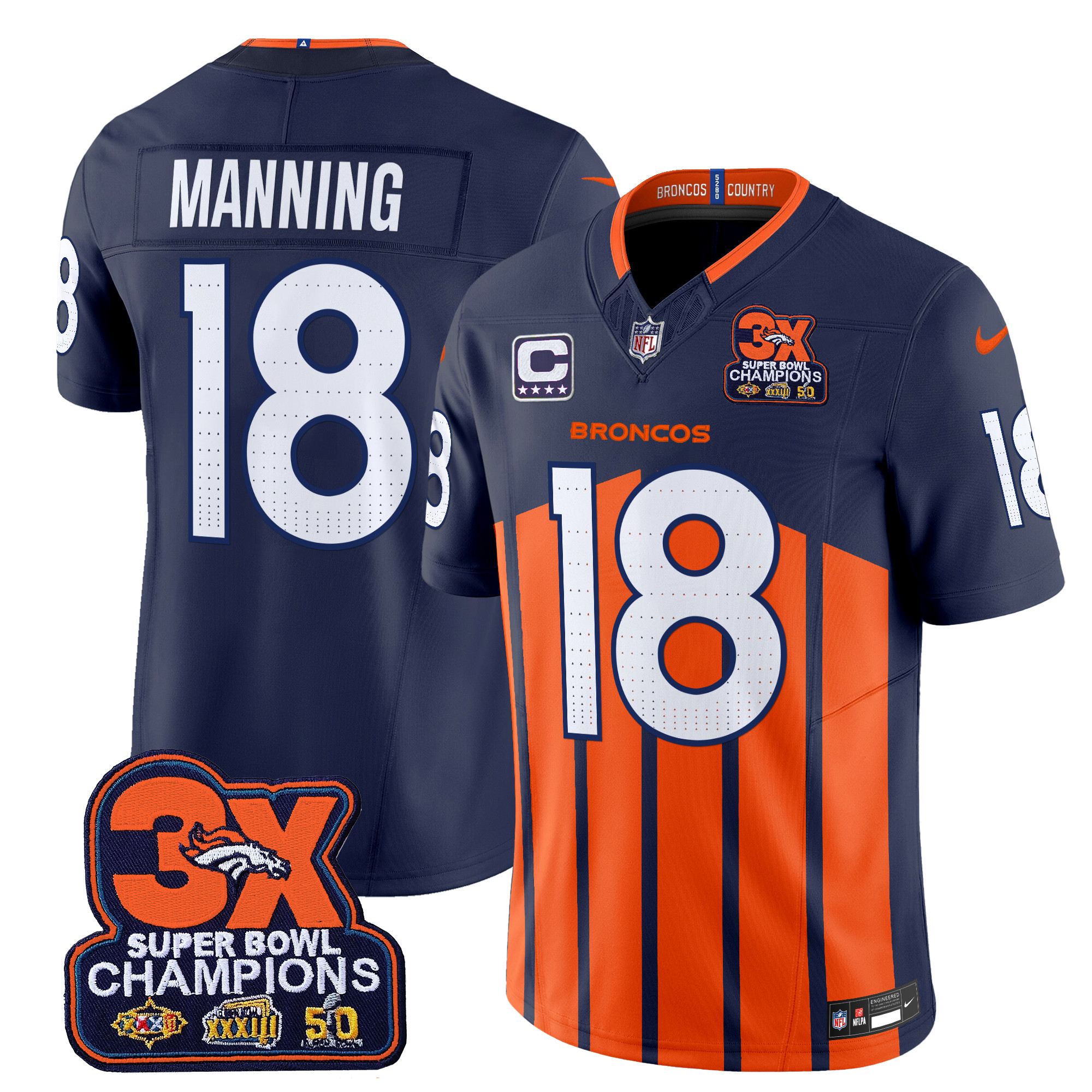 Peyton Manning Men's Denver Broncos 3-Time Champions Patch Vapor Limited Navy Special Jersey - All Stitched