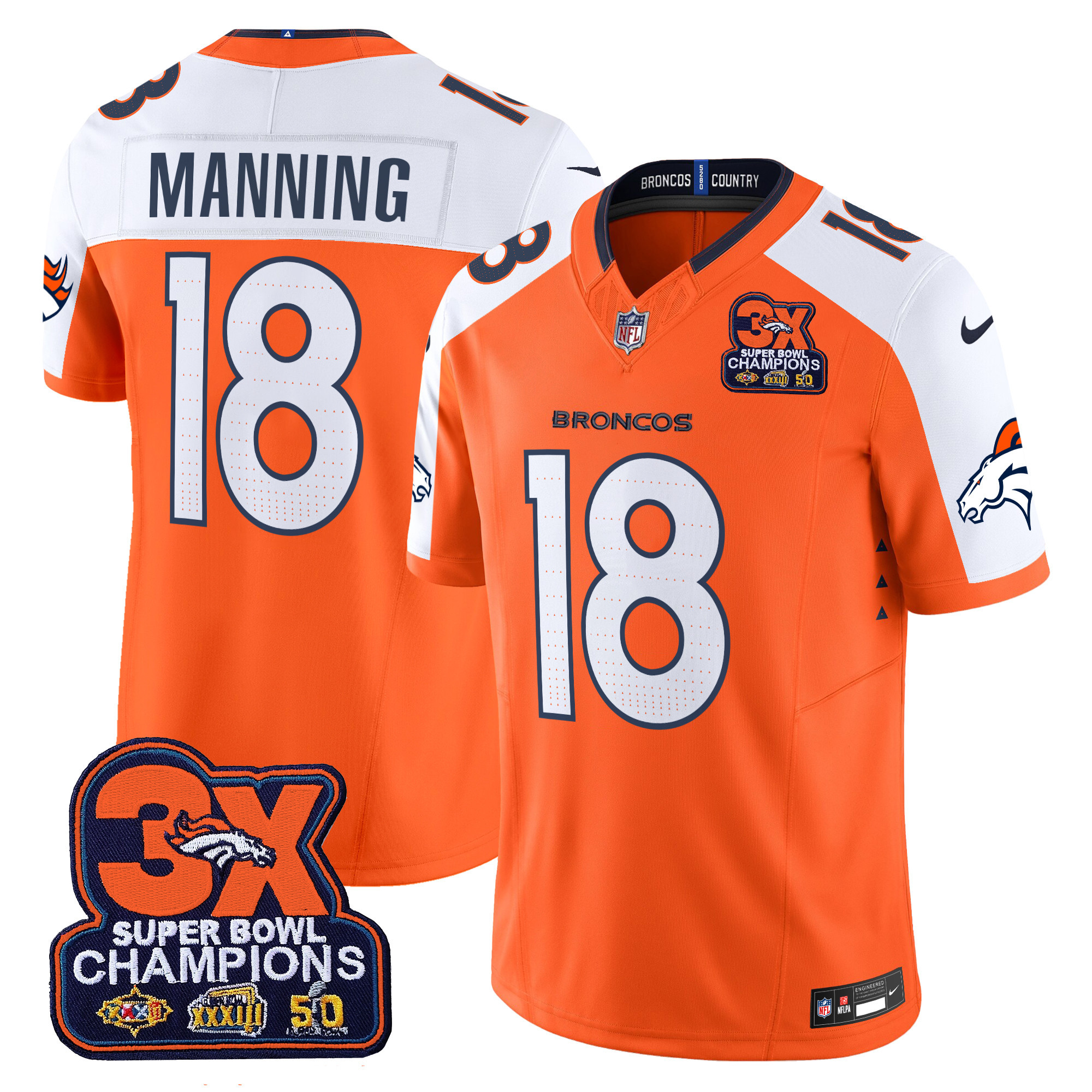 Peyton Manning Men's Denver Broncos 3-Time Champions Patch Vapor Limited Orange Alternate Jersey - All Stitched