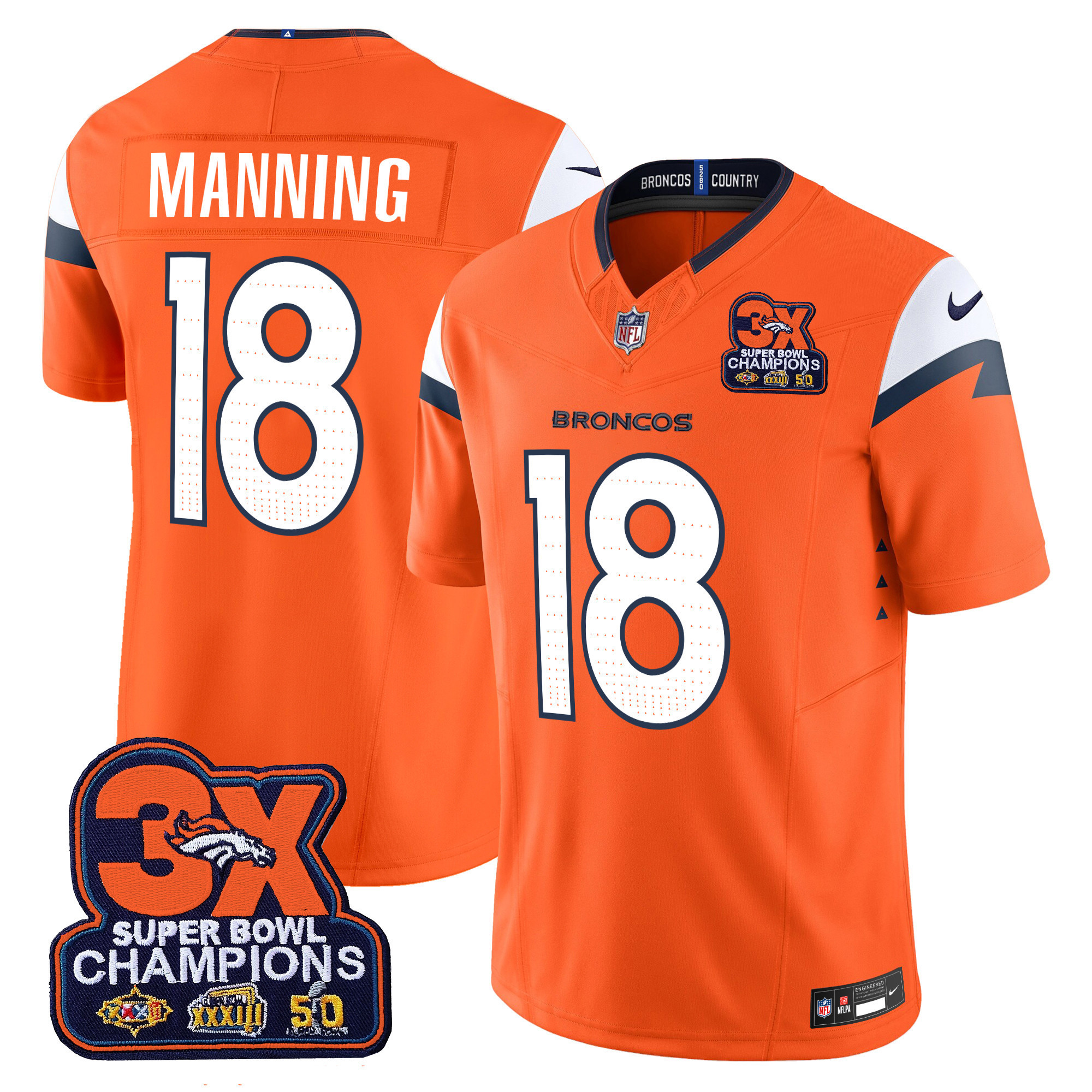 Peyton Manning Men's Denver Broncos 3-Time Champions Patch Vapor Limited Orange Jersey - All Stitched