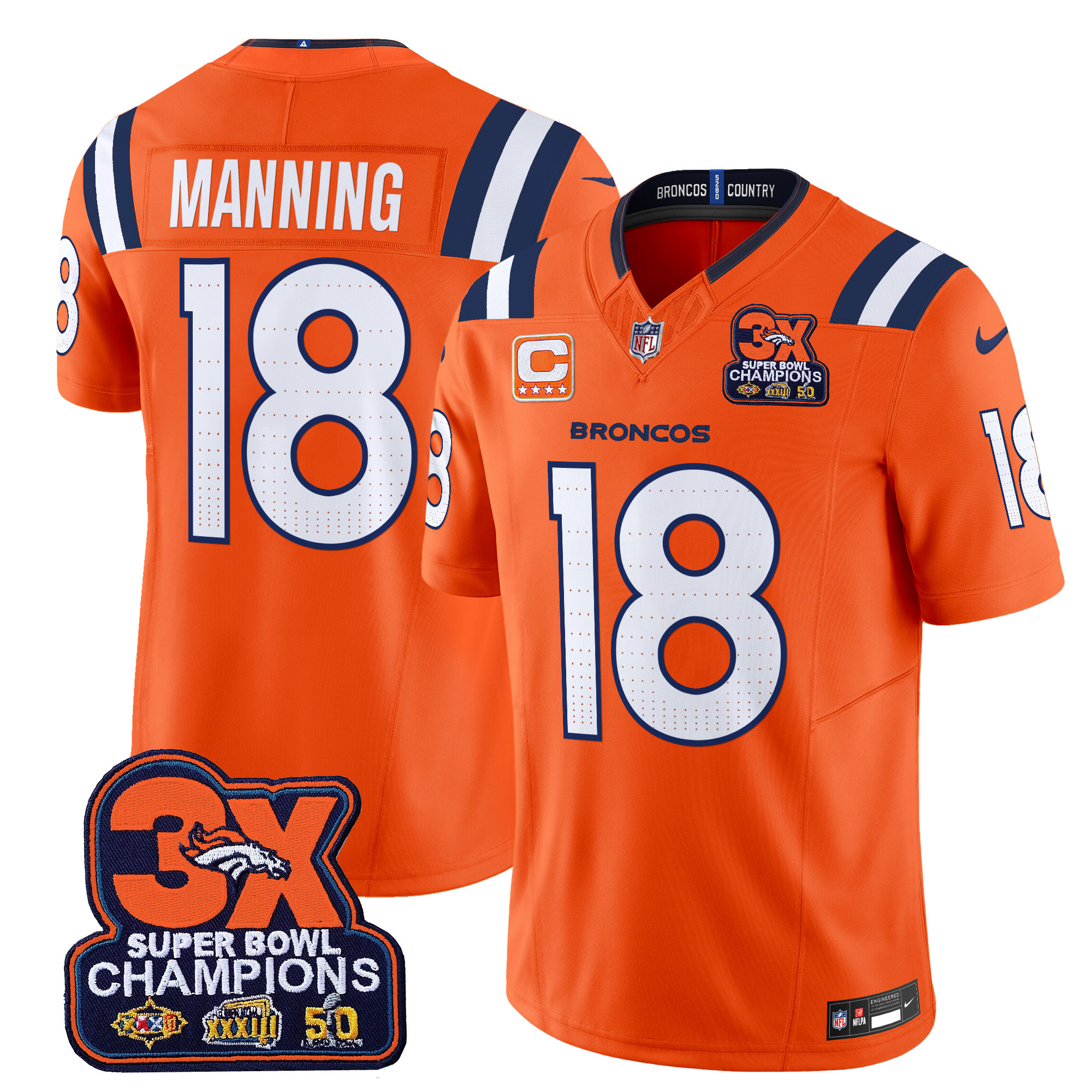 Peyton Manning Men's Denver Broncos 3-Time Champions Patch Vapor Limited Orange Jersey - All Stitched