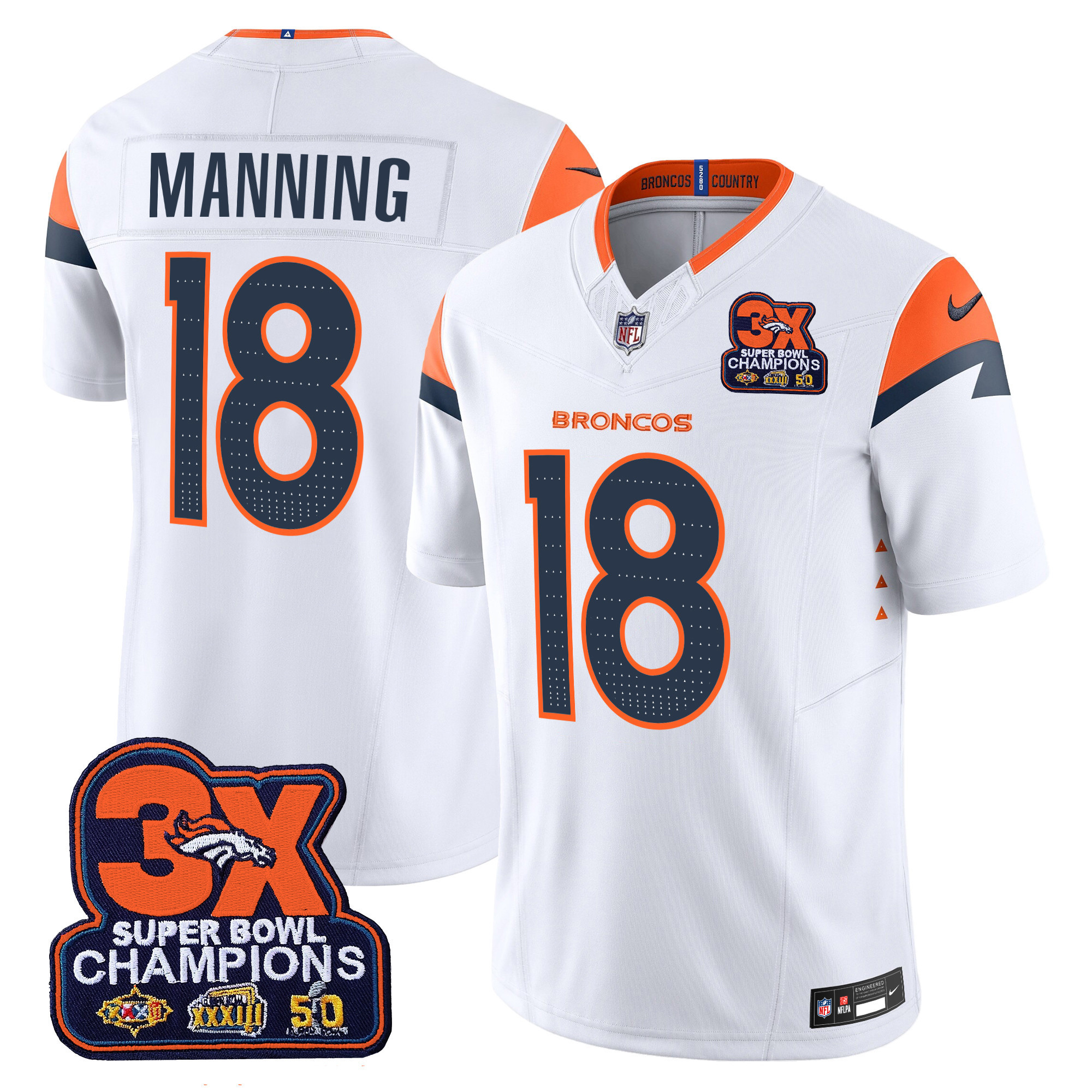 Peyton Manning Men's Denver Broncos 3-Time Champions Patch Vapor Limited White Jersey - All Stitched