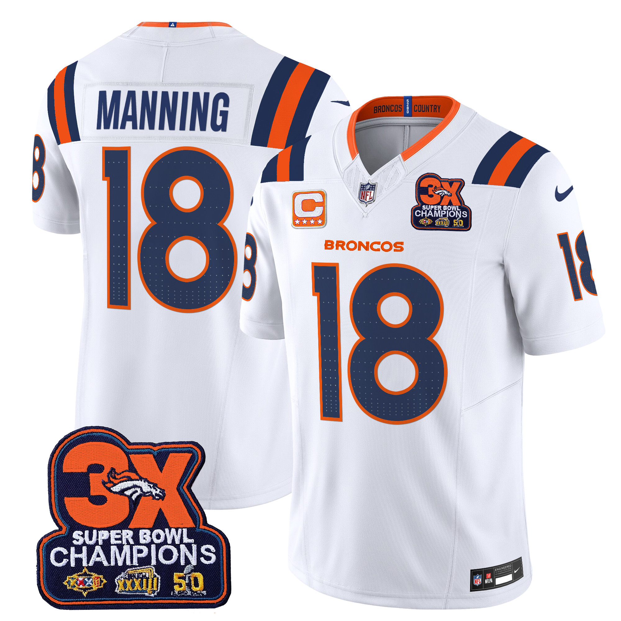 Peyton Manning Men's Denver Broncos 3-Time Champions Patch Vapor Limited White Jersey - All Stitched