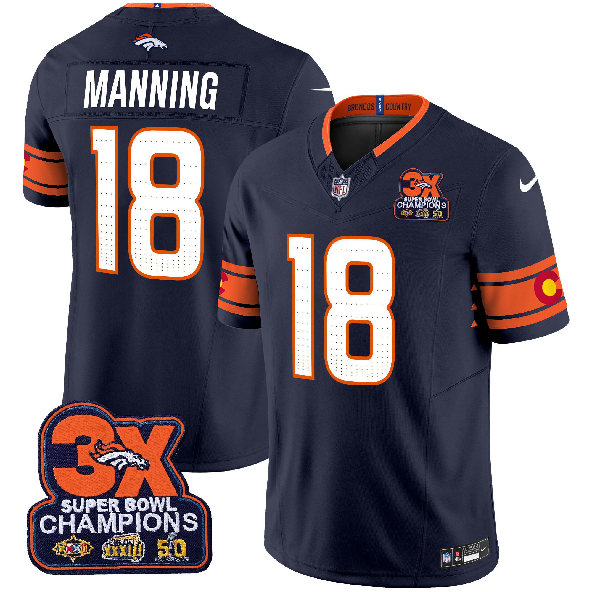 Peyton Manning Men's Denver Broncos 3x Patch "Colorado Flag" Vapor Limited Navy Jersey - All Stitched