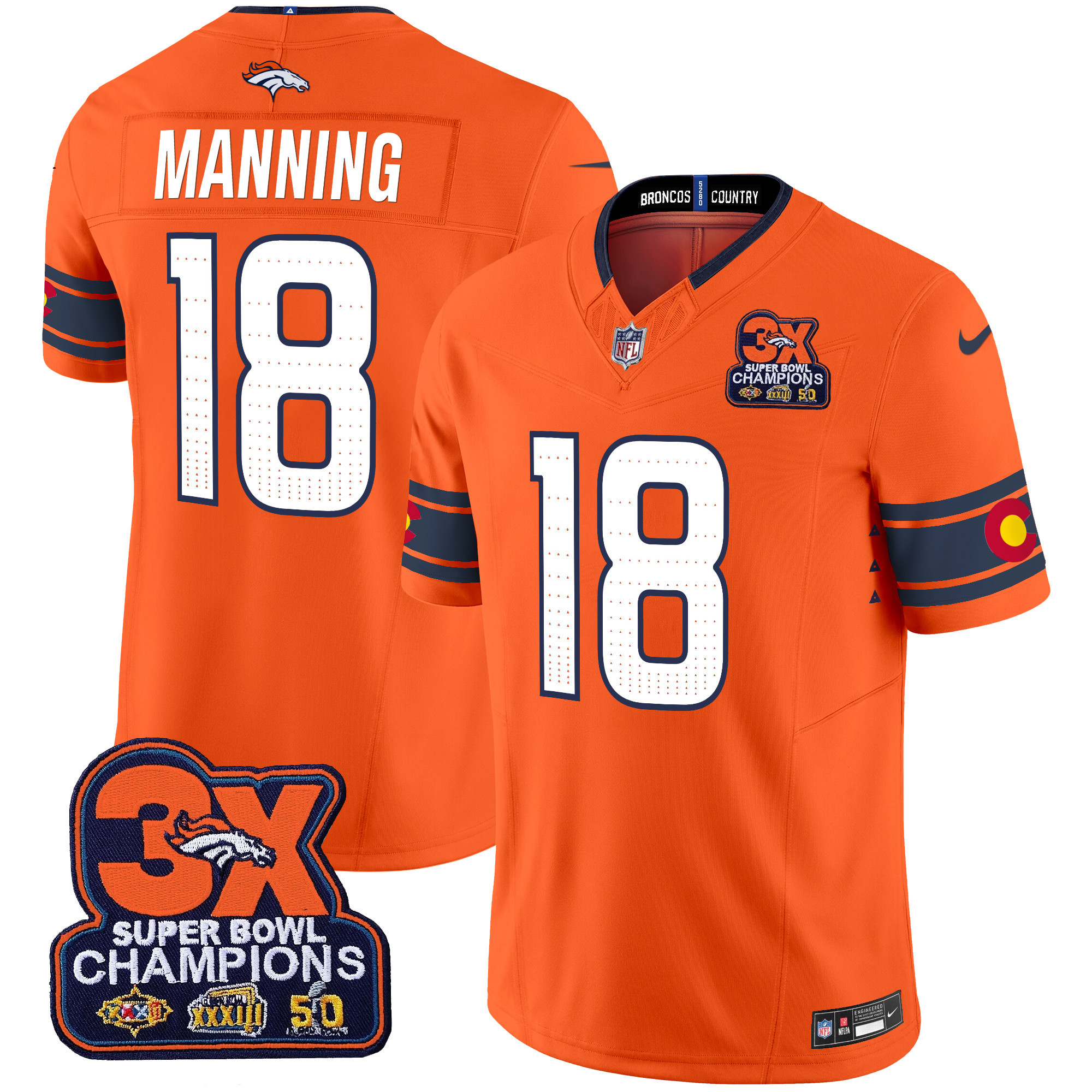 Peyton Manning Men's Denver Broncos 3x Patch "Colorado Flag" Vapor Limited Orange Jersey - All Stitched