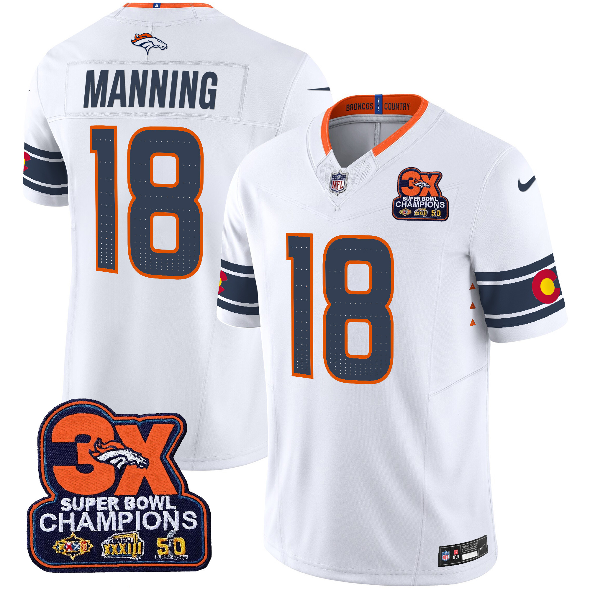 Peyton Manning Men's Denver Broncos 3x Patch "Colorado Flag" Vapor Limited White Jersey - All Stitched