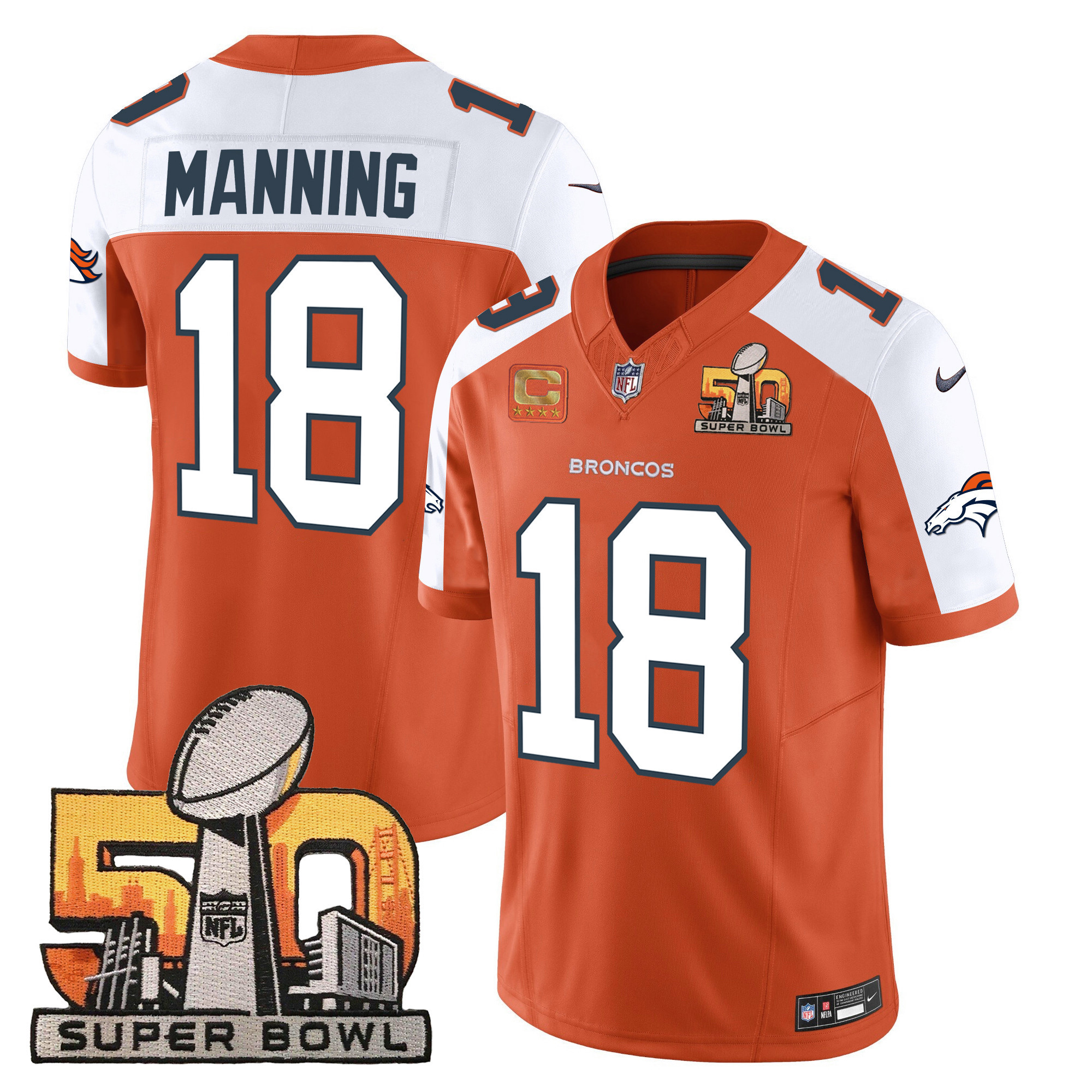 Peyton Manning Men's Denver Broncos Super Bowl 50 Patch Vapor Orange Alternate Jersey - All Stitched