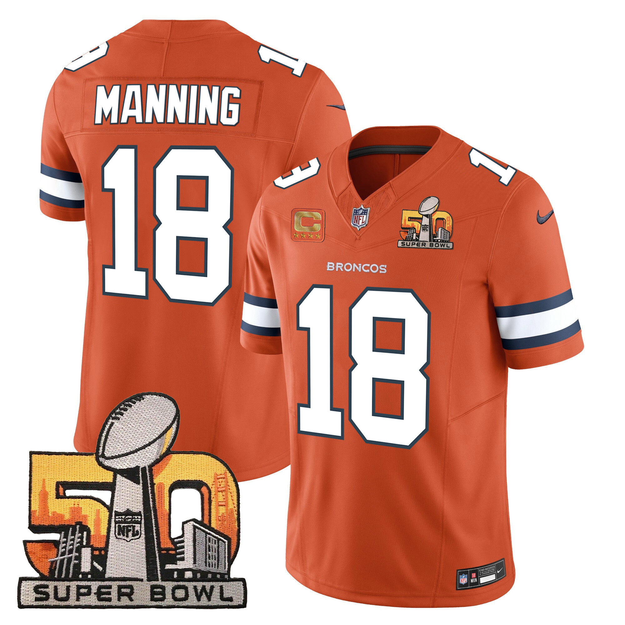 Peyton Manning Men's Denver Broncos Super Bowl 50 Patch Vapor Orange Jersey - All Stitched