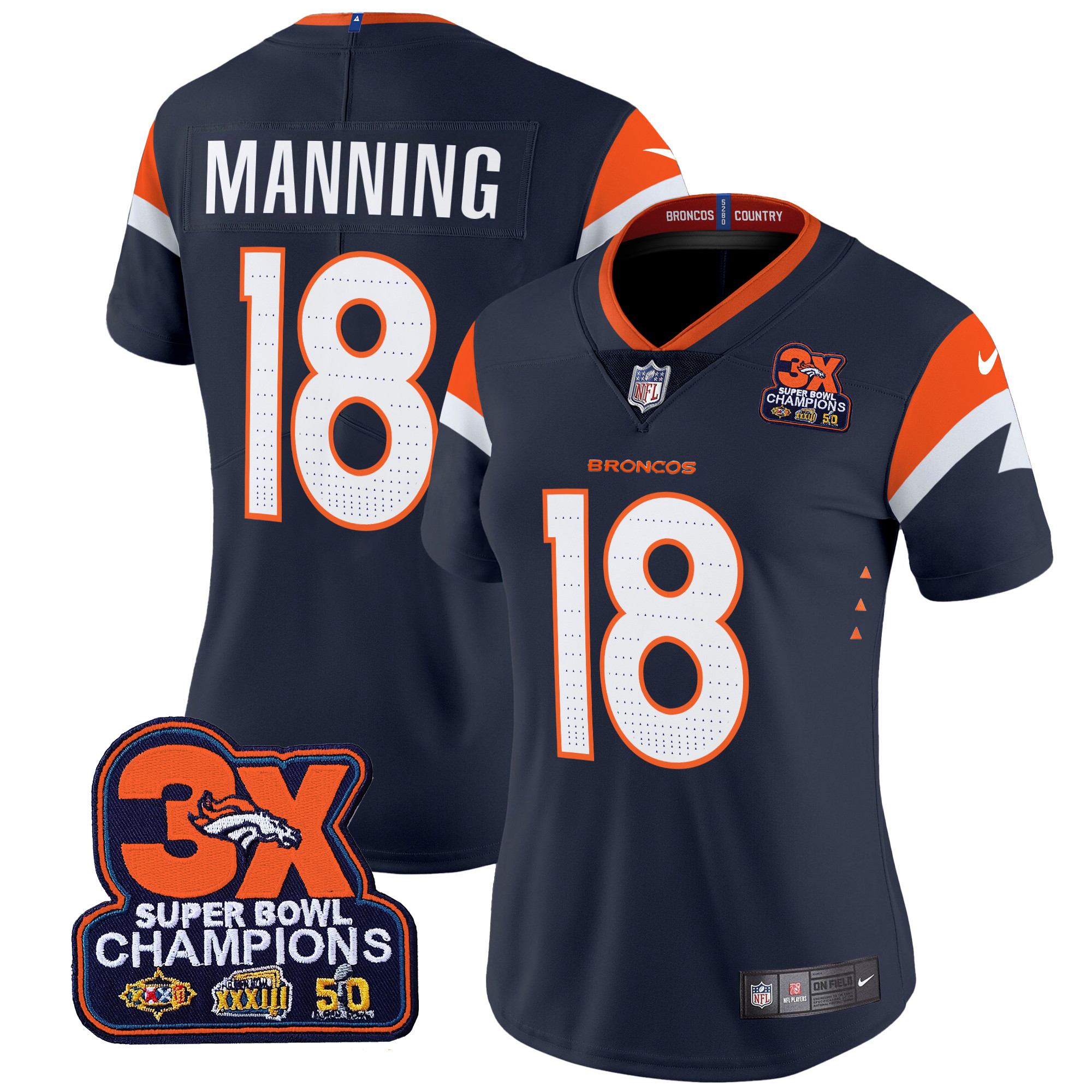 Peyton Manning Women's Denver Broncos 3-Time Champions Patch Vapor Limited Navy Jersey - All Stitched