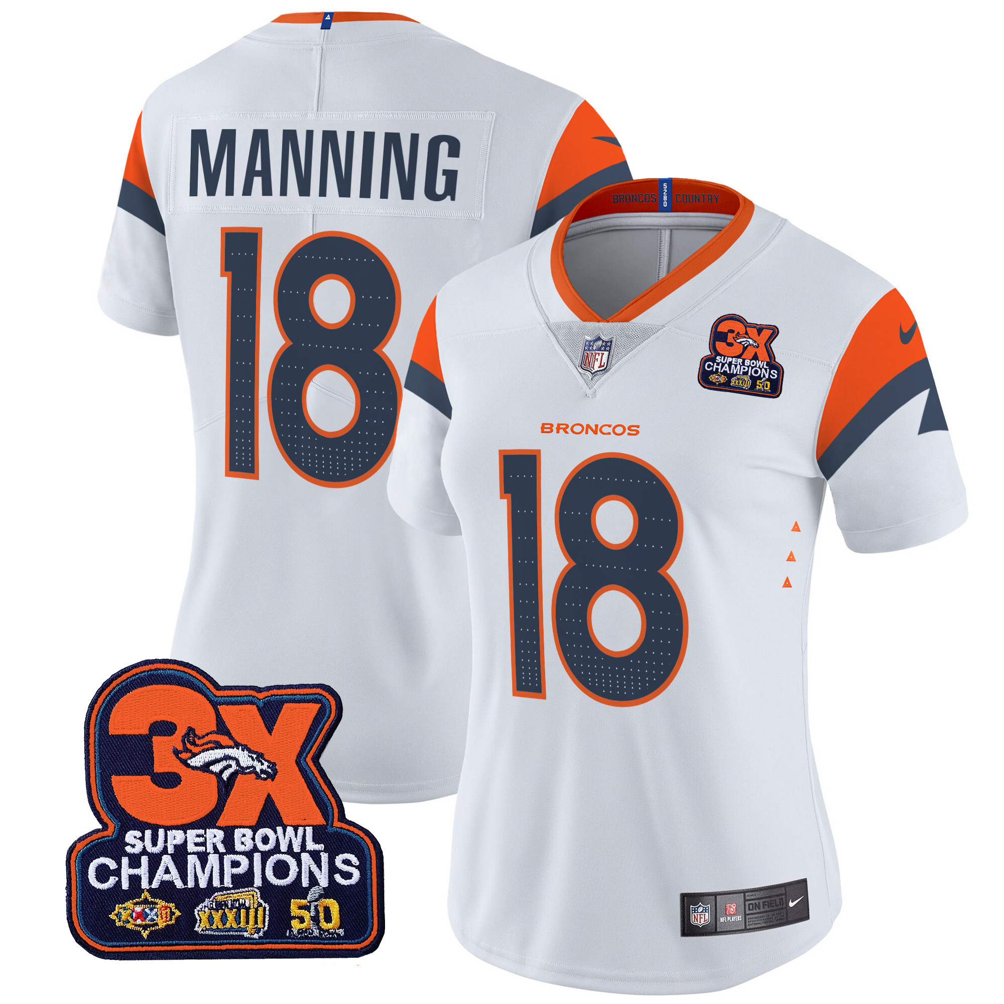 Peyton Manning Women's Denver Broncos 3-Time Champions Patch Vapor Limited White Jersey - All Stitched