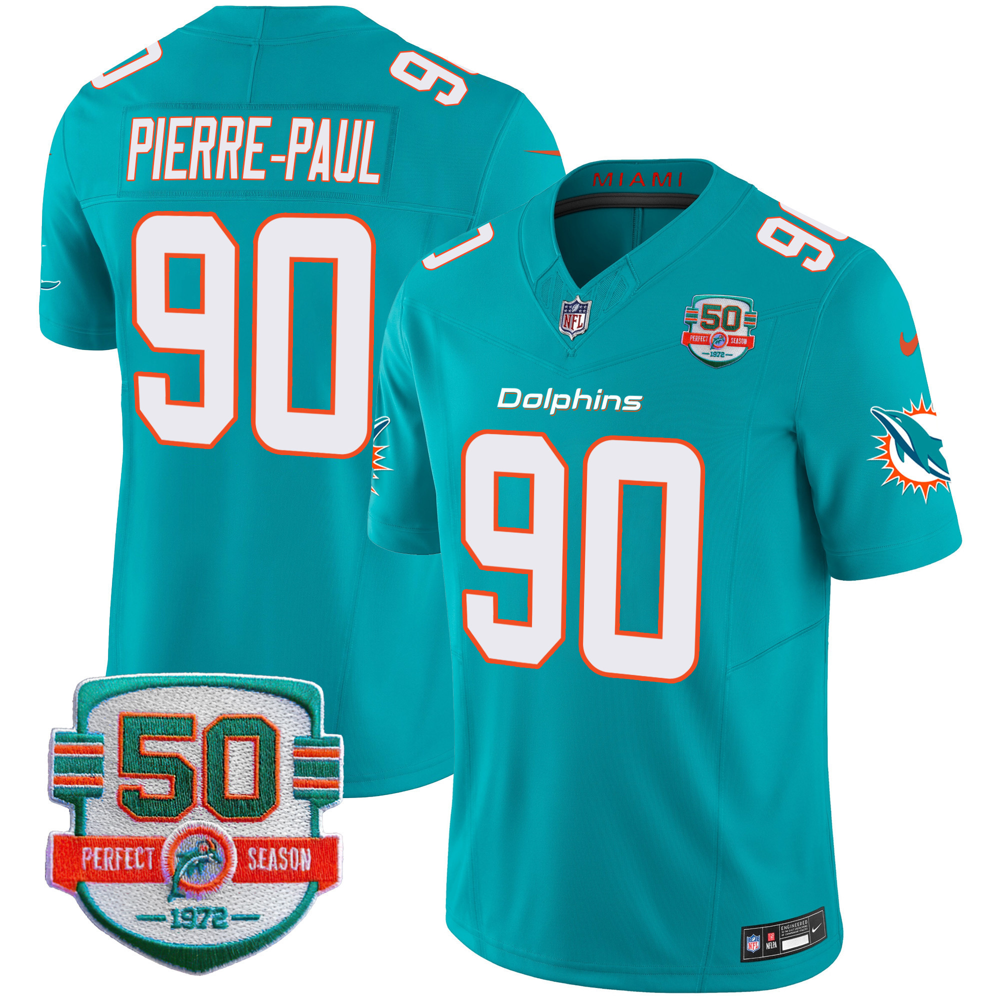 Pierre-Paul Men's Miami Dolphins 50th 1972 Perfect Season Patch Vapor Aqua Jersey - All Stitched