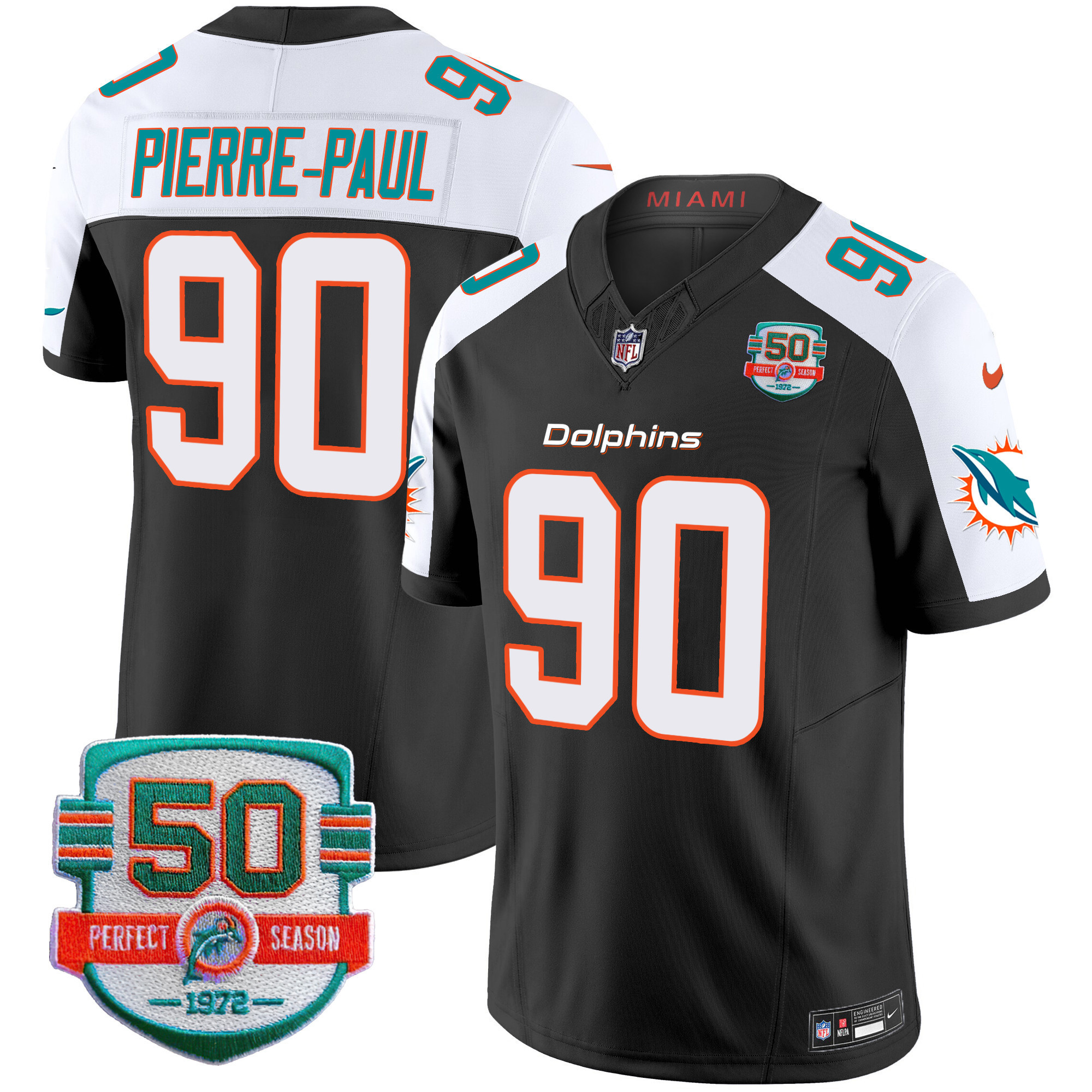 Pierre-Paul Men's Miami Dolphins 50th 1972 Perfect Season Patch Vapor Black Alternate Jersey - All Stitched