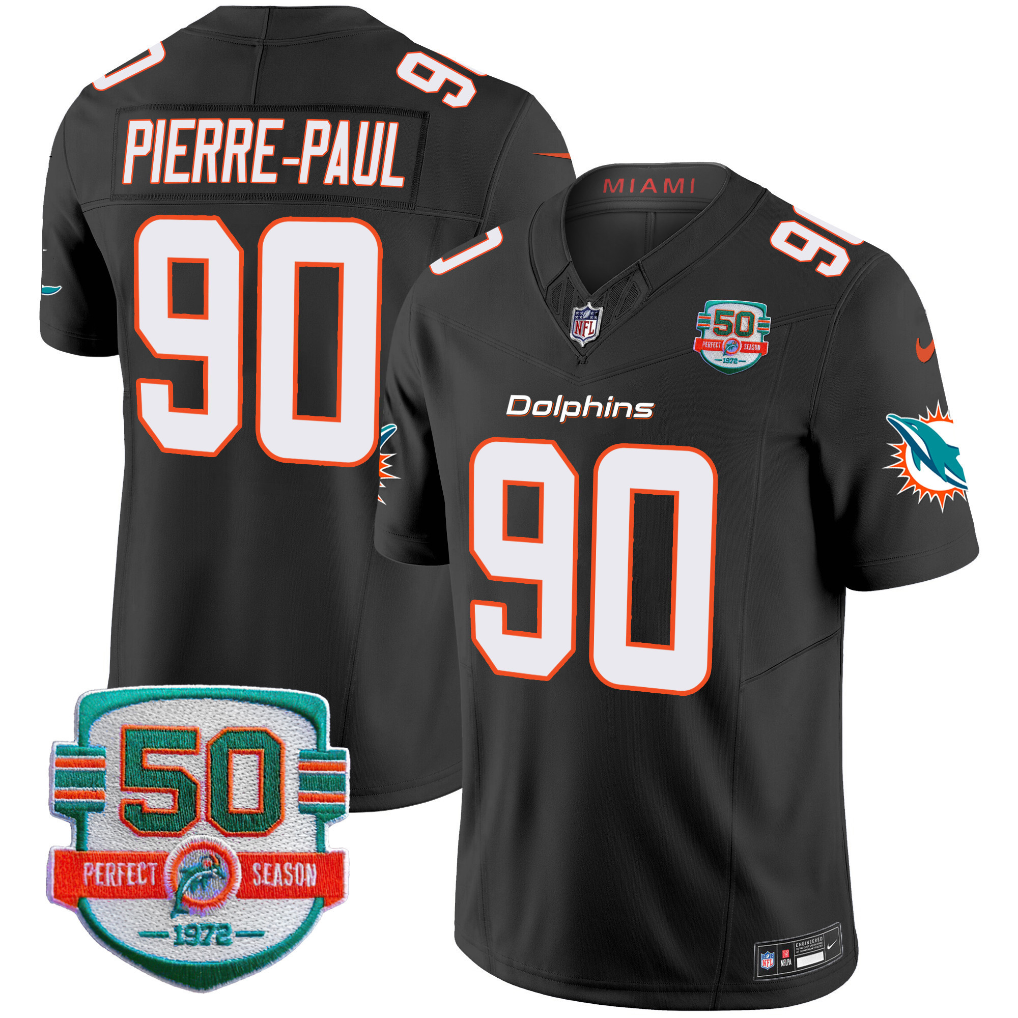 Pierre-Paul Men's Miami Dolphins 50th 1972 Perfect Season Patch Vapor Black Jersey - All Stitched