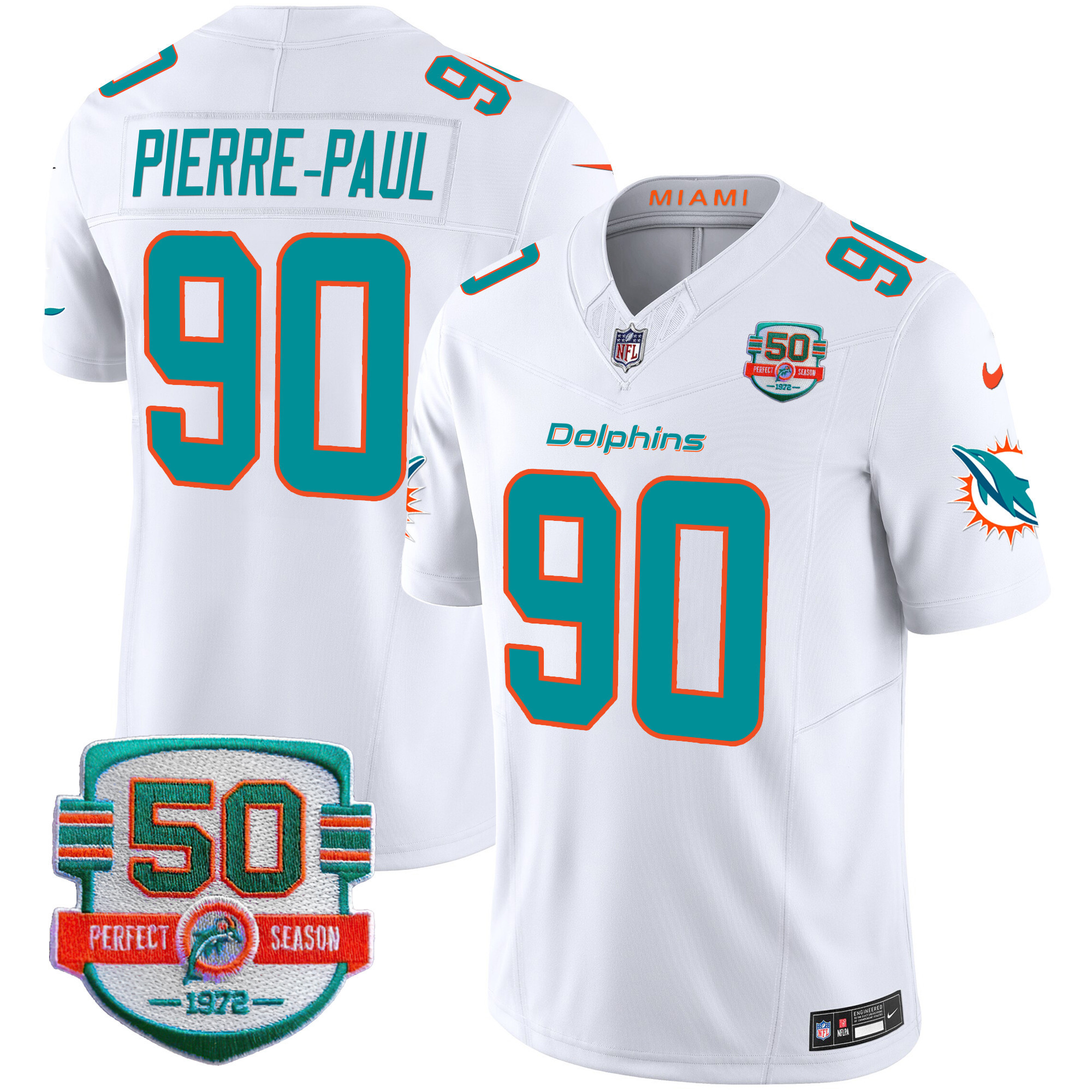 Pierre-Paul Men's Miami Dolphins 50th 1972 Perfect Season Patch Vapor White Jersey - All Stitched