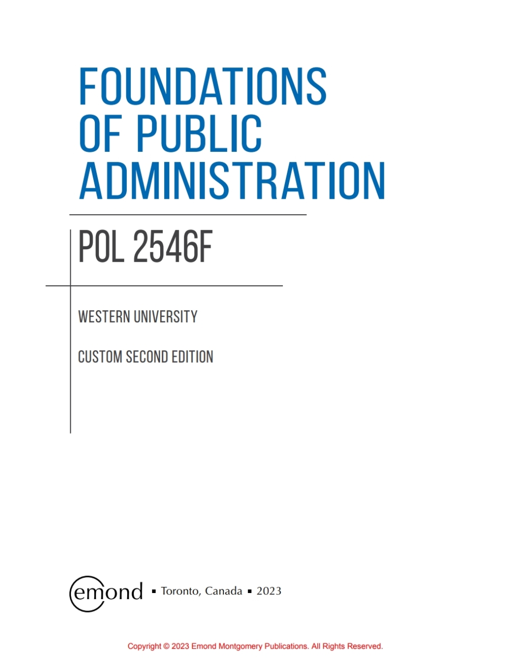 POL 2546F: Foundations of Public Administration (Western University Custom) 2nd Edition â€“ PDF/EPUB Version Downloadable