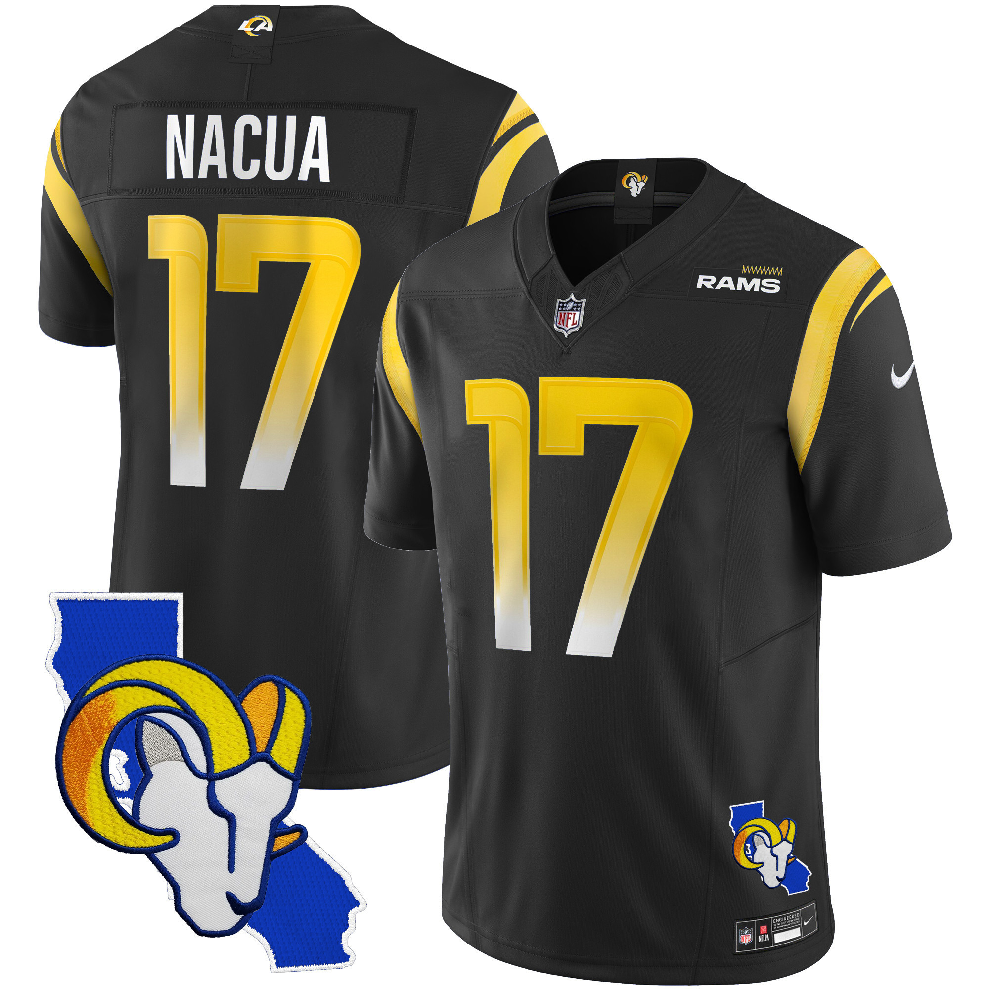 Puka Nacua Men's Los Angeles Rams California Patch Vapor Limited Black Jersey - All Stitched