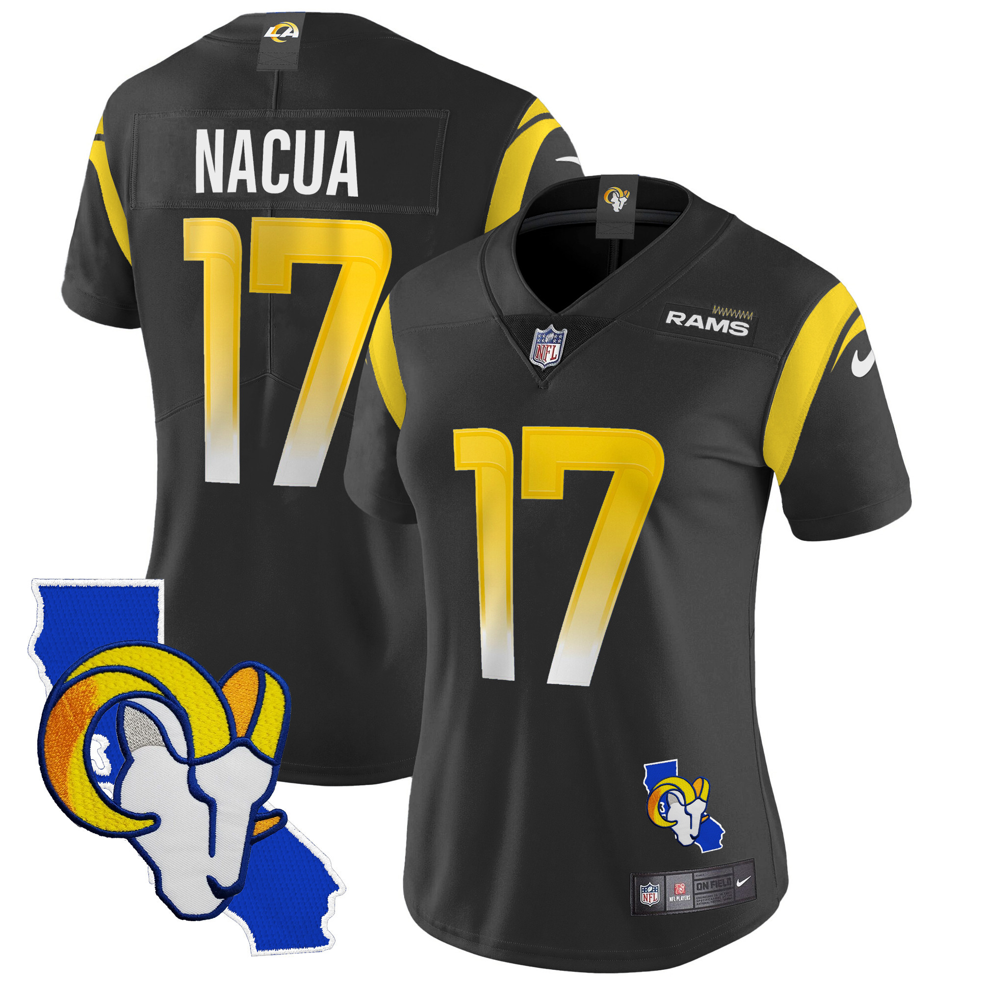 Puka Nacua Women's Los Angeles Rams California Patch Vapor Limited Black Jersey - All Stitched