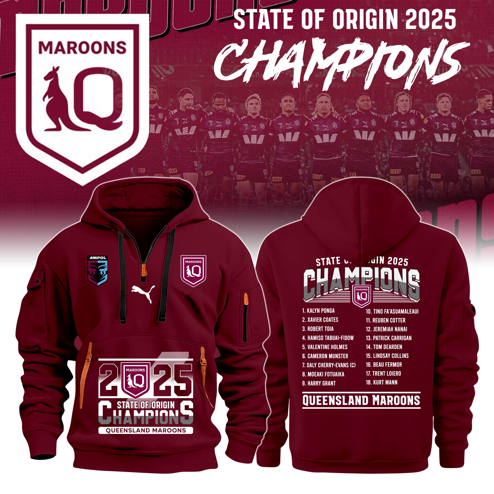 Queensland Maroons Of Origin 2025 Champions Quarter Zip Hoodie