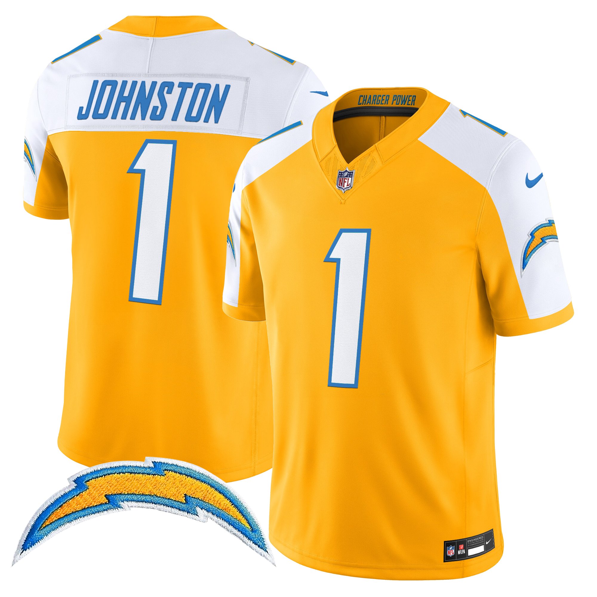 Quentin Johnston Men's Los Angeles Chargers 2025 Alternate Charger Power Vapor Limited Gold Alternate Jersey - All Stitched