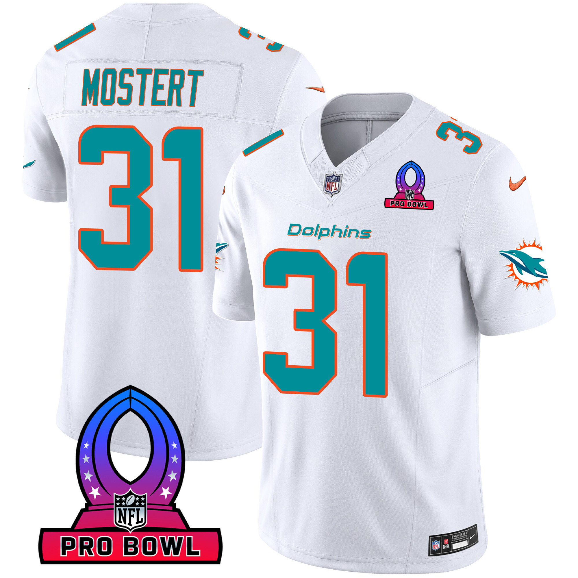 Raheem Mostert Men's Miami Dolphins 2024 Pro Bowl Patch Vapor White Jersey - All Stitched