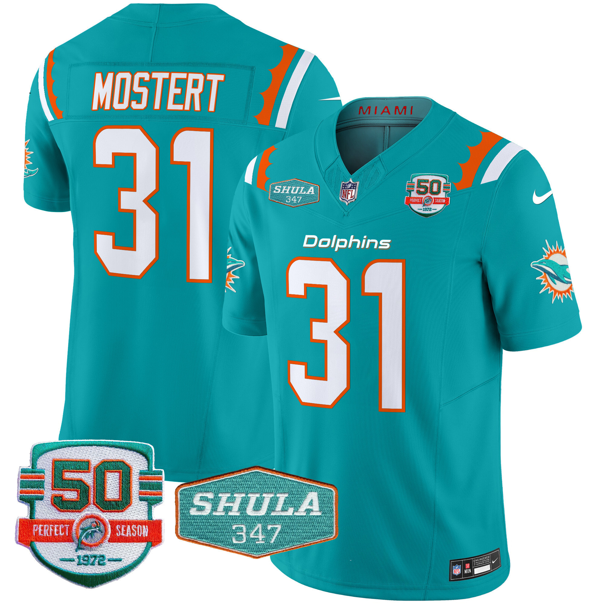 Raheem Mostert Men's Miami Dolphins 50th & Don Shula 347 Memorial Patch Vapor Limited Aqua Jersey - All Stitched
