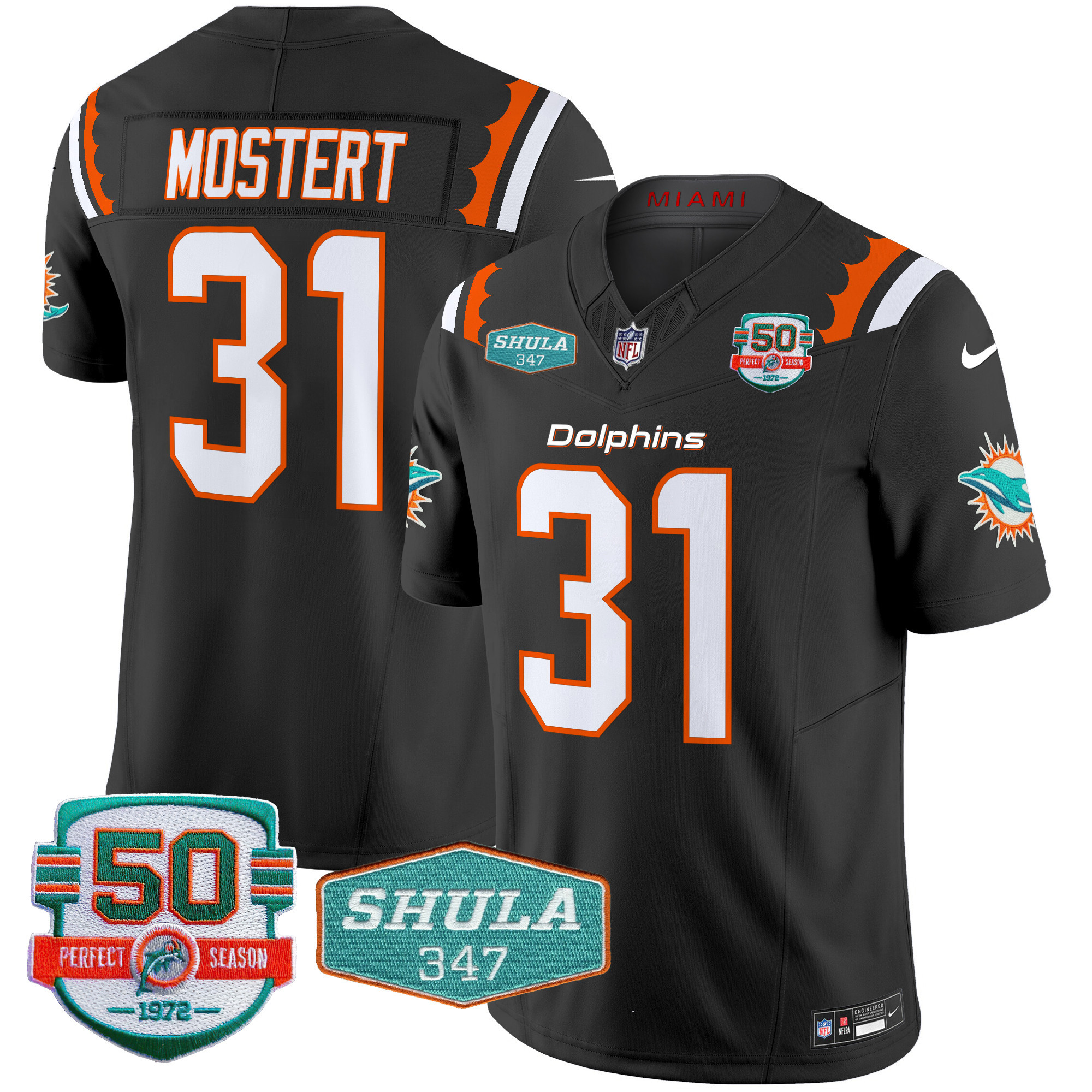 Raheem Mostert Men's Miami Dolphins 50th & Don Shula 347 Memorial Patch Vapor Limited Black Jersey - All Stitched