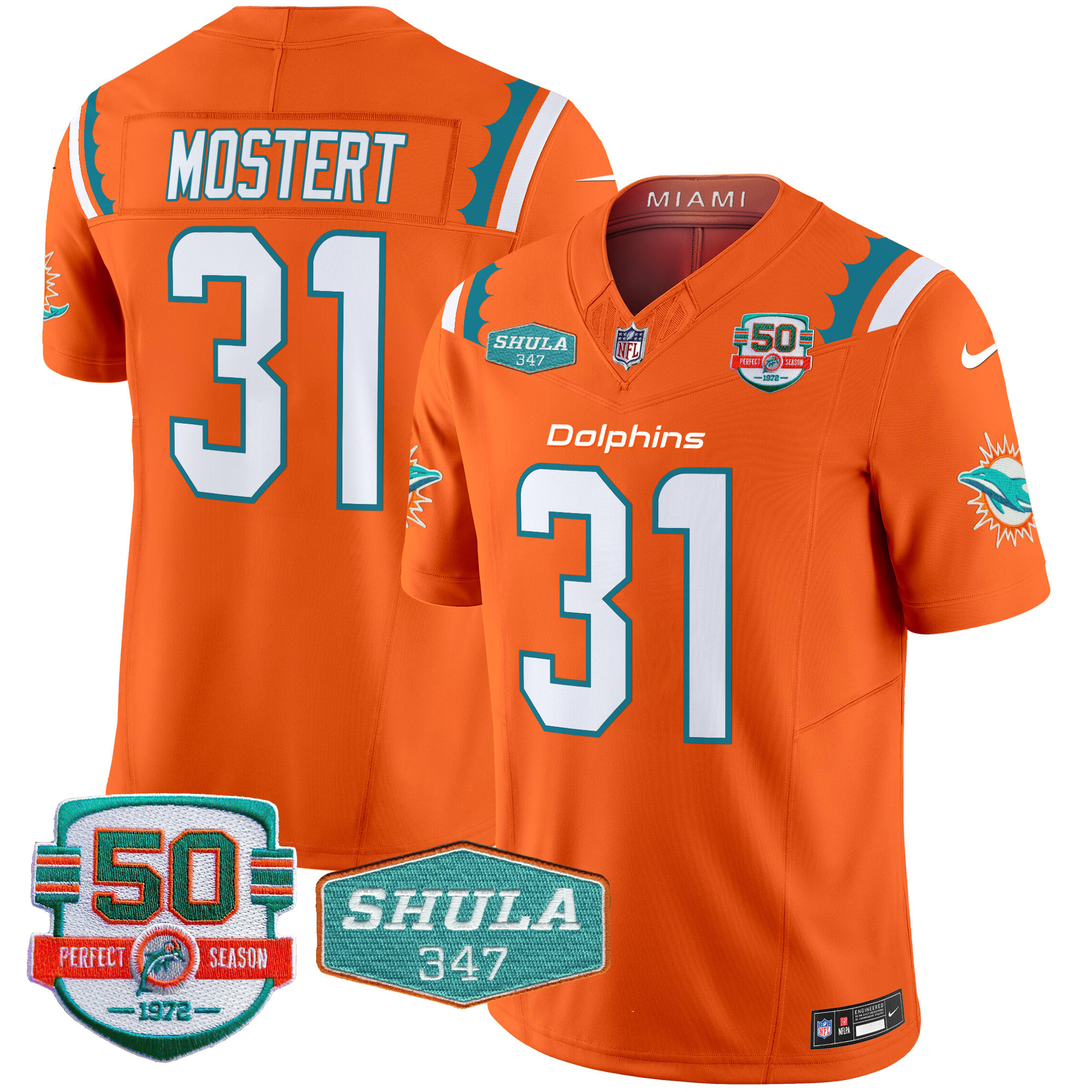 Raheem Mostert Men's Miami Dolphins 50th & Don Shula 347 Memorial Patch Vapor Limited Orange Jersey - All Stitched