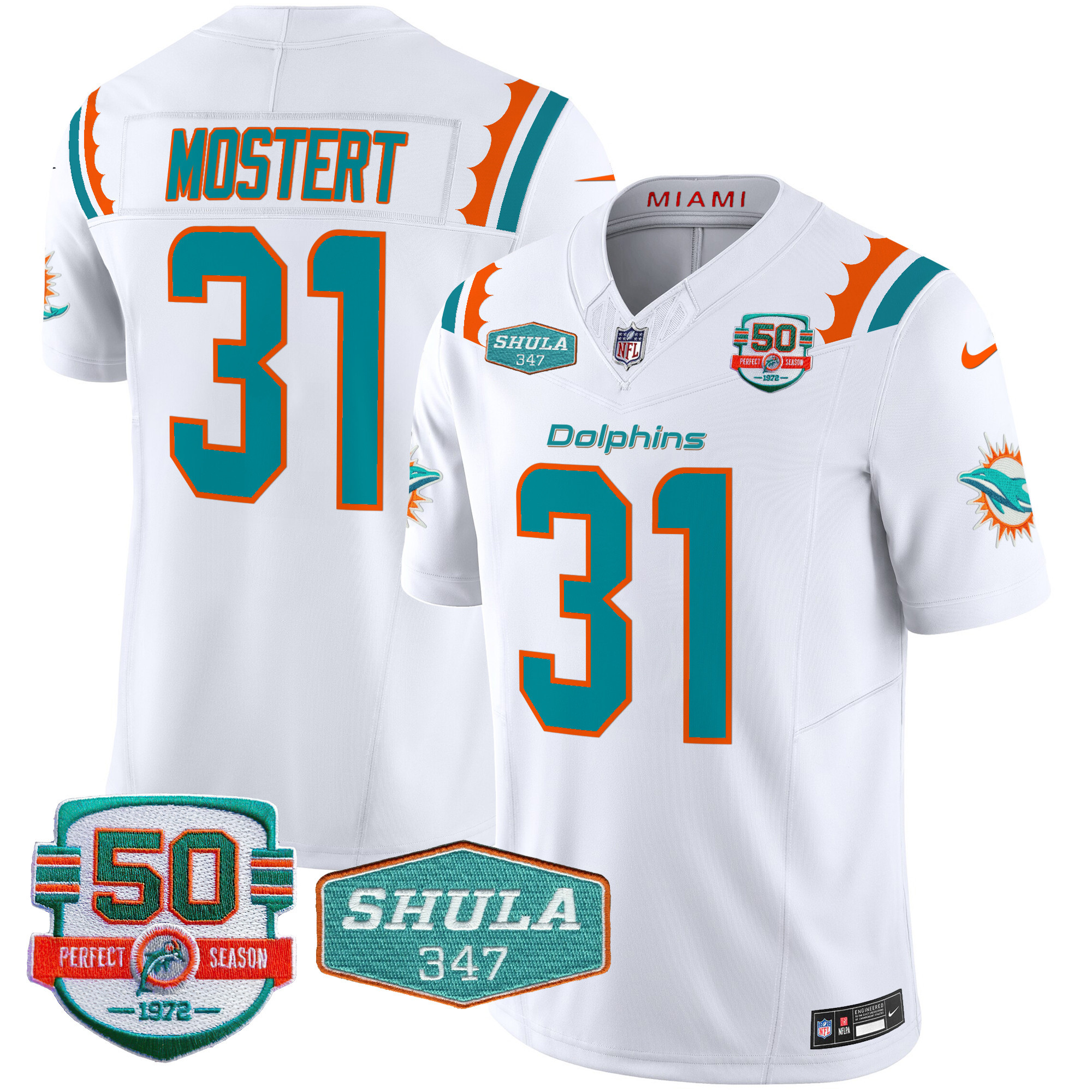 Raheem Mostert Men's Miami Dolphins 50th & Don Shula 347 Memorial Patch Vapor Limited White Jersey - All Stitched