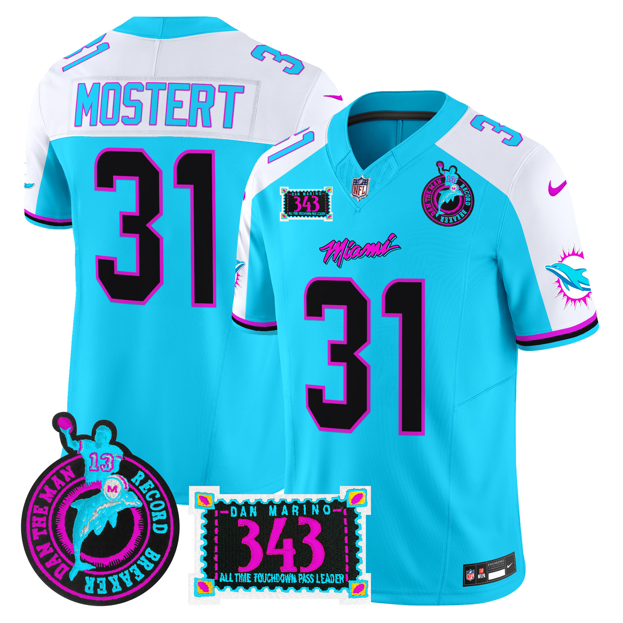 Raheem Mostert Men's Miami Dolphins "Dan the Man Record Breaker" Patch Vapor Limited Aqua Alternate Jersey - All Stitched