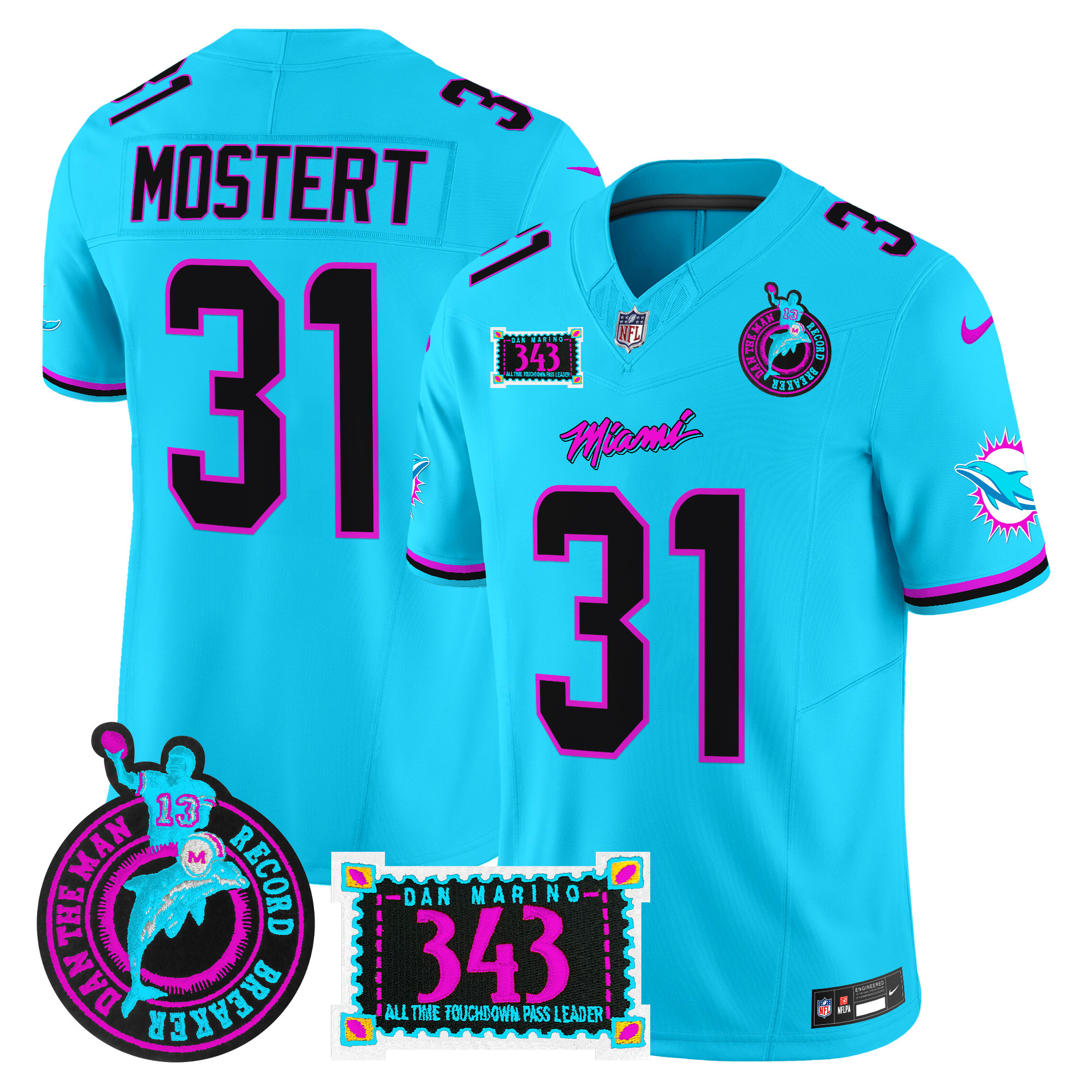 Raheem Mostert Men's Miami Dolphins "Dan the Man Record Breaker" Patch Vapor Limited Aqua Jersey - All Stitched