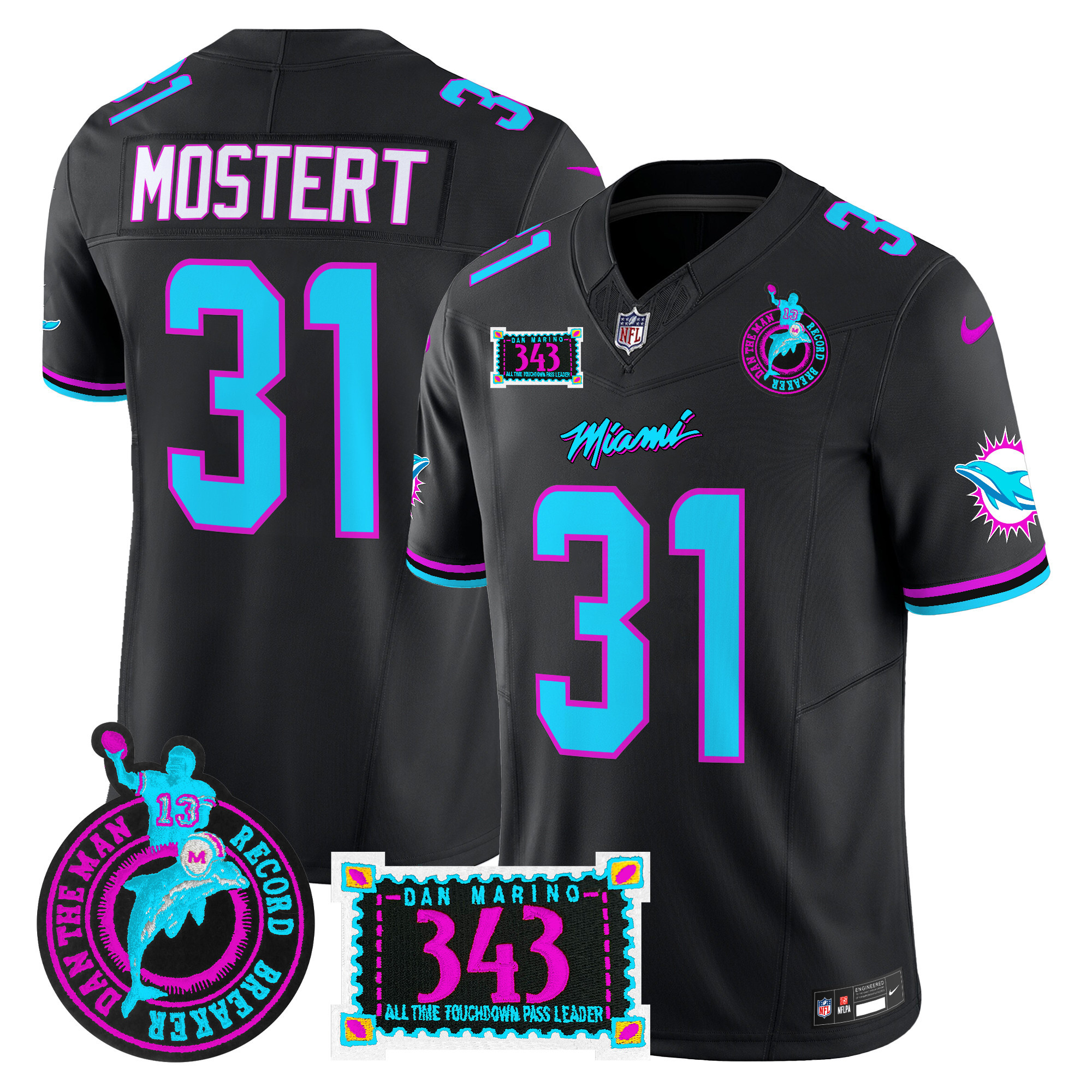 Raheem Mostert Men's Miami Dolphins "Dan the Man Record Breaker" Patch Vapor Limited Black Jersey - All Stitched