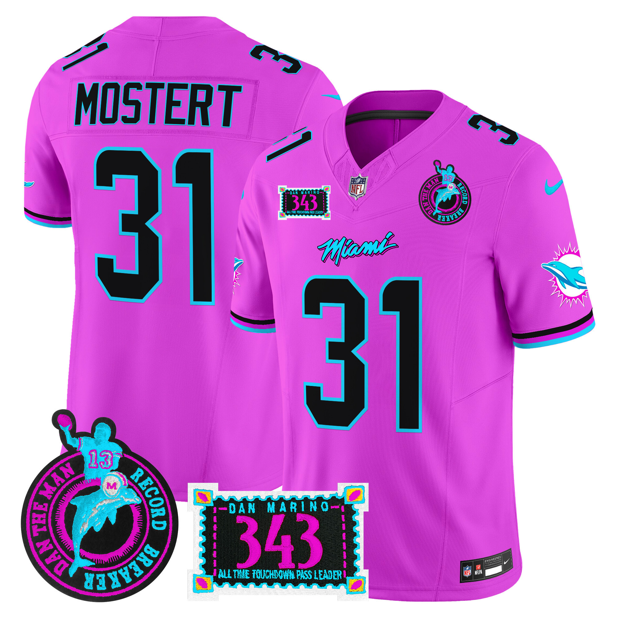 Raheem Mostert Men's Miami Dolphins "Dan the Man Record Breaker" Patch Vapor Limited Pink Jersey - All Stitched