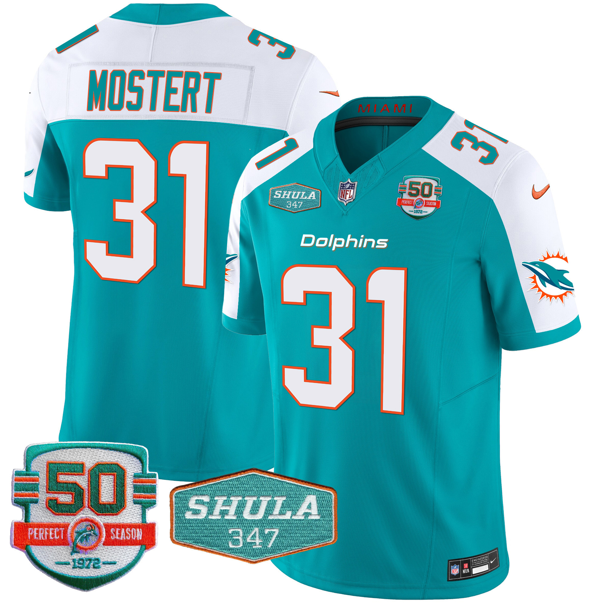 Raheem Mostert Men's Miami Dolphins Shula 347 Patch Vapor Aqua Alternate Jersey - All Stitched