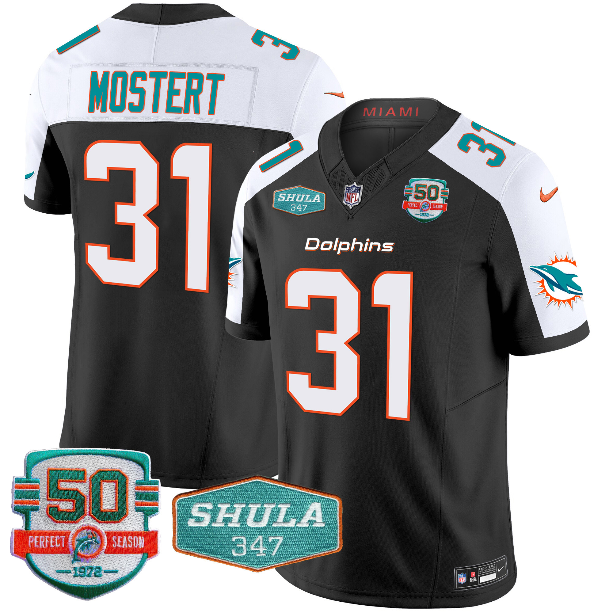 Raheem Mostert Men's Miami Dolphins Shula 347 Patch Vapor Black Alternate Jersey - All Stitched