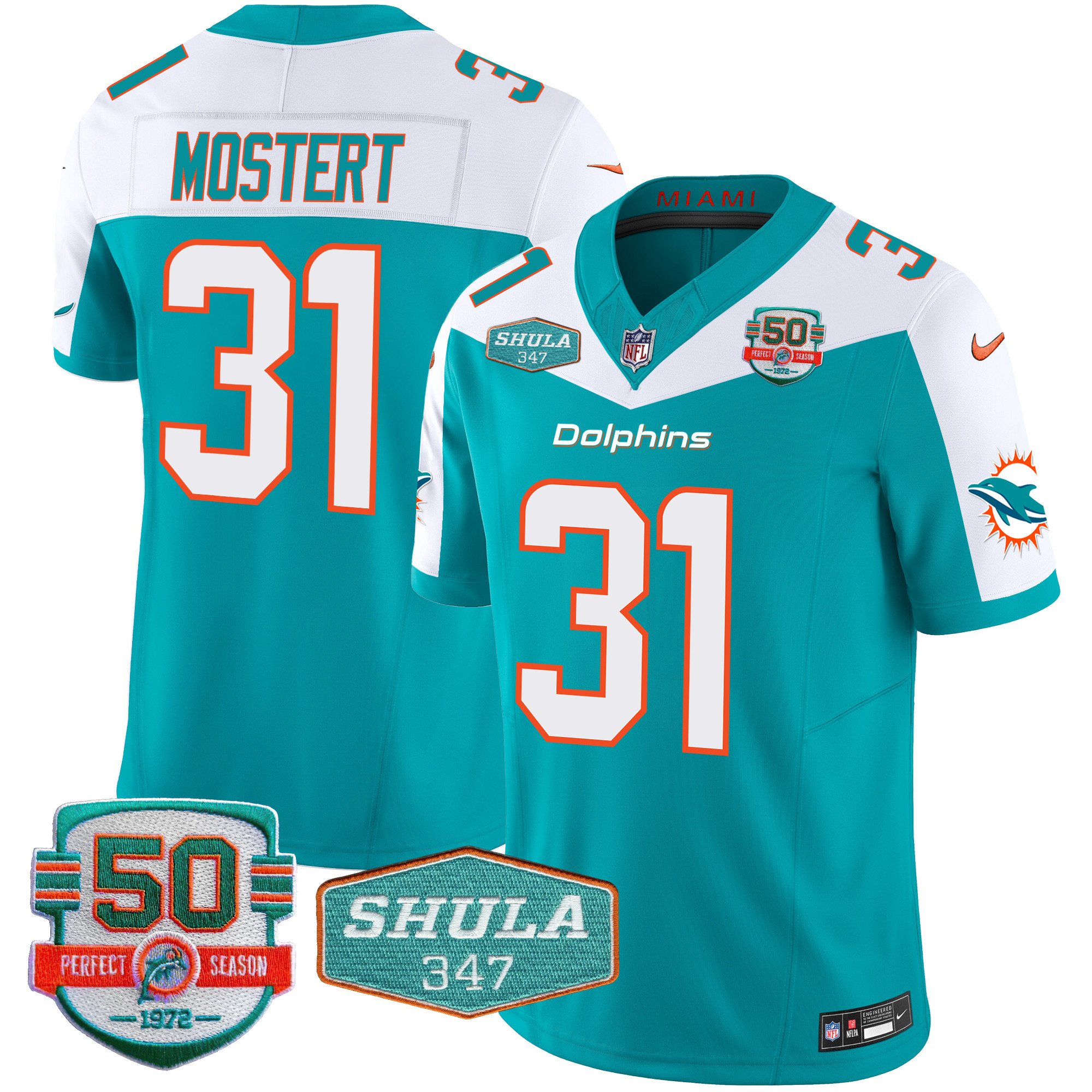 Raheem Mostert Men's Miami Dolphins Shula 347 Patch Vapor Limited Aqua Alternate Jersey - All Stitched