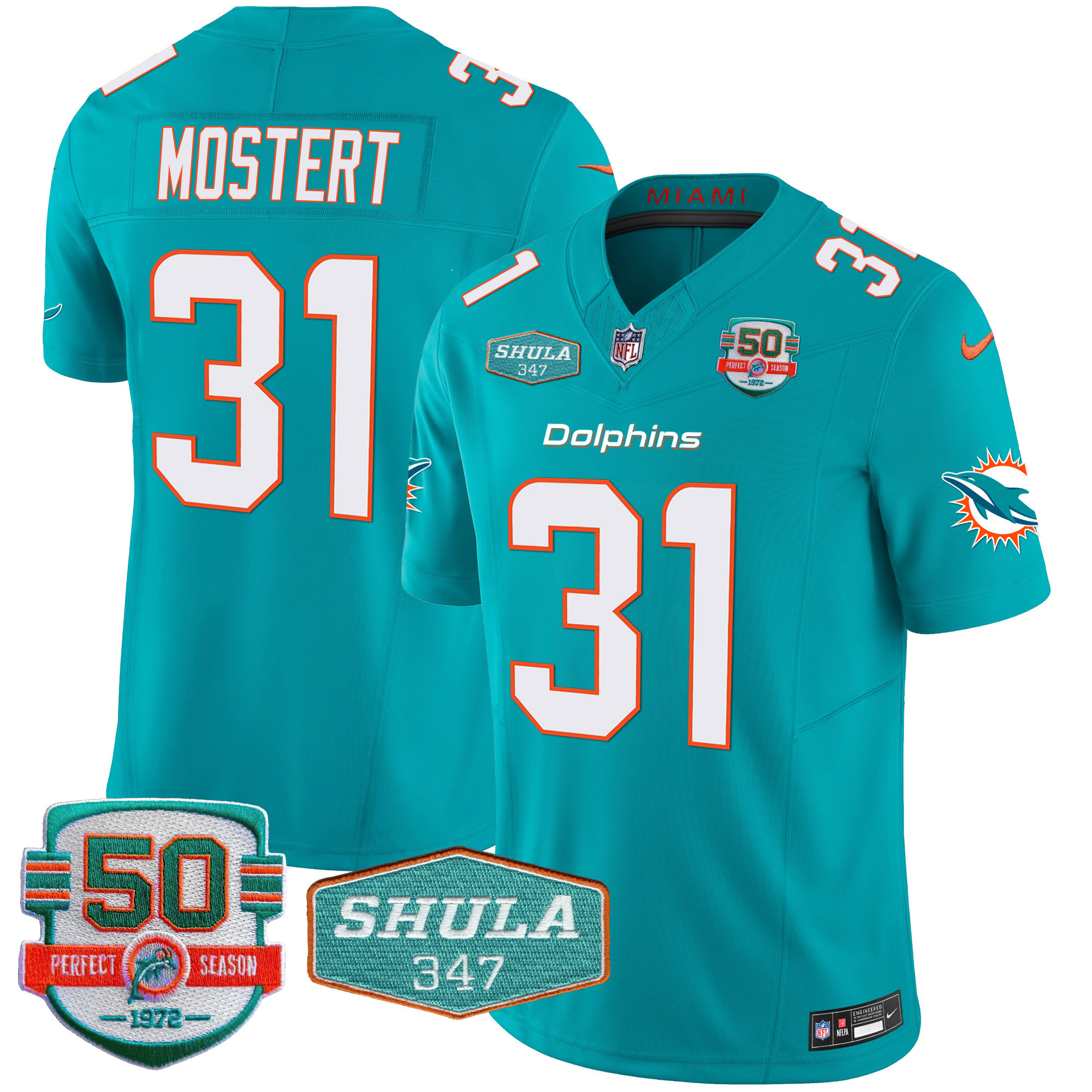 Raheem Mostert Men's Miami Dolphins Shula 347 Patch Vapor Limited Aqua Jersey - All Stitched