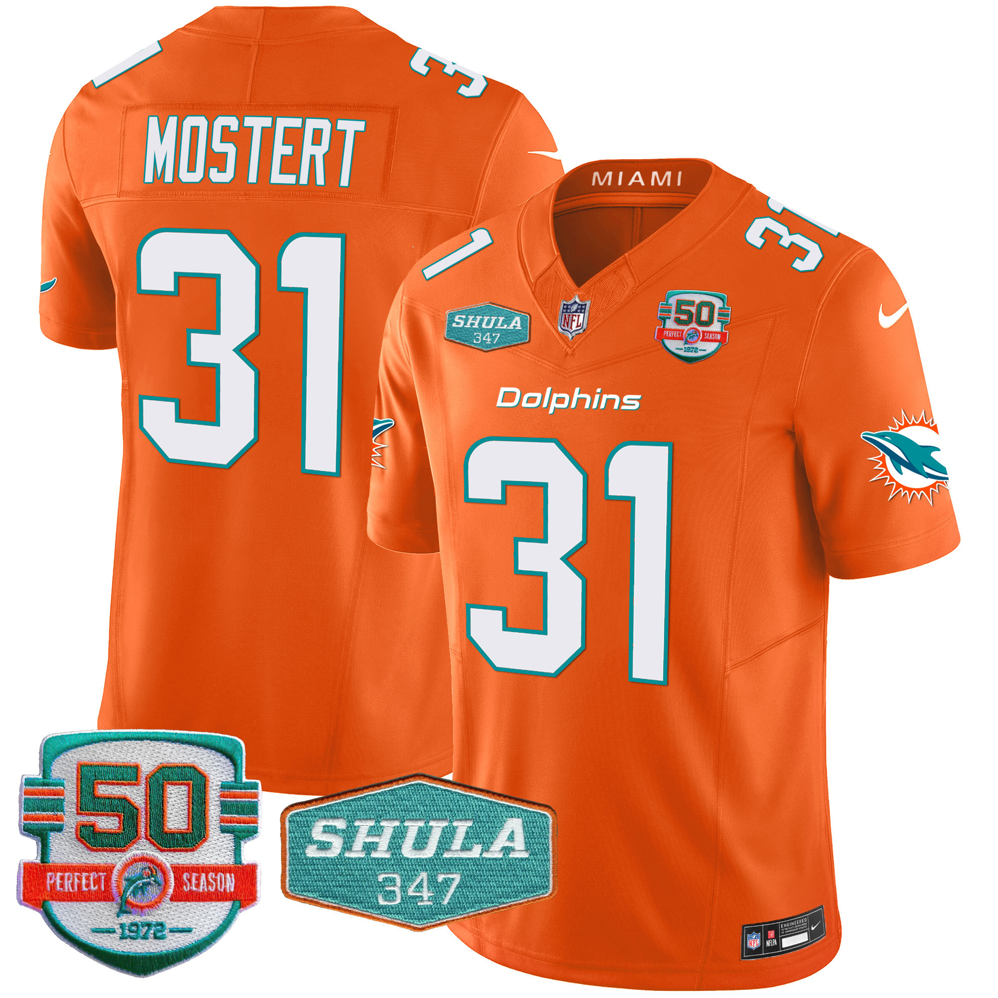Raheem Mostert Men's Miami Dolphins Shula 347 Patch Vapor Orange Jersey - All Stitched