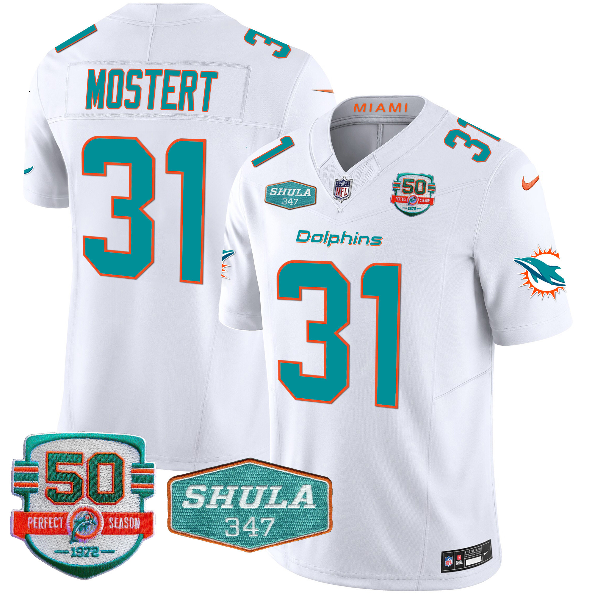 Raheem Mostert Men's Miami Dolphins Shula 347 Patch Vapor White Jersey - All Stitched
