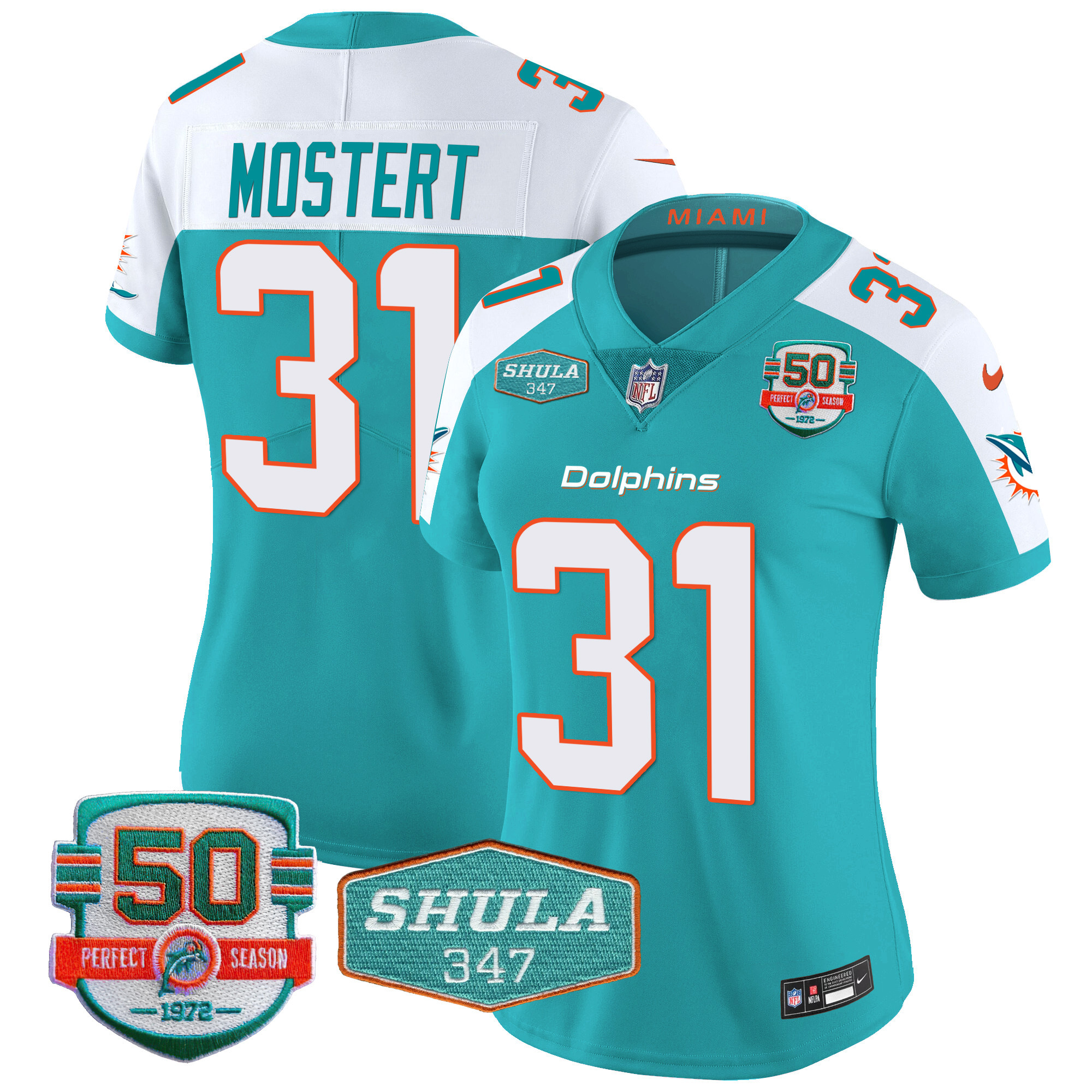 Raheem Mostert Women's Miami Dolphins Shula 347 Patch Vapor Aqua Alternate Jersey - All Stitched