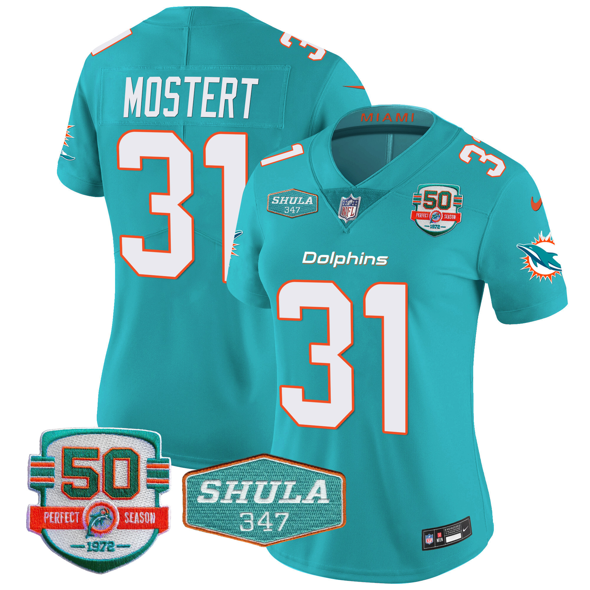 Raheem Mostert Women's Miami Dolphins Shula 347 Patch Vapor Aqua Jersey - All Stitched