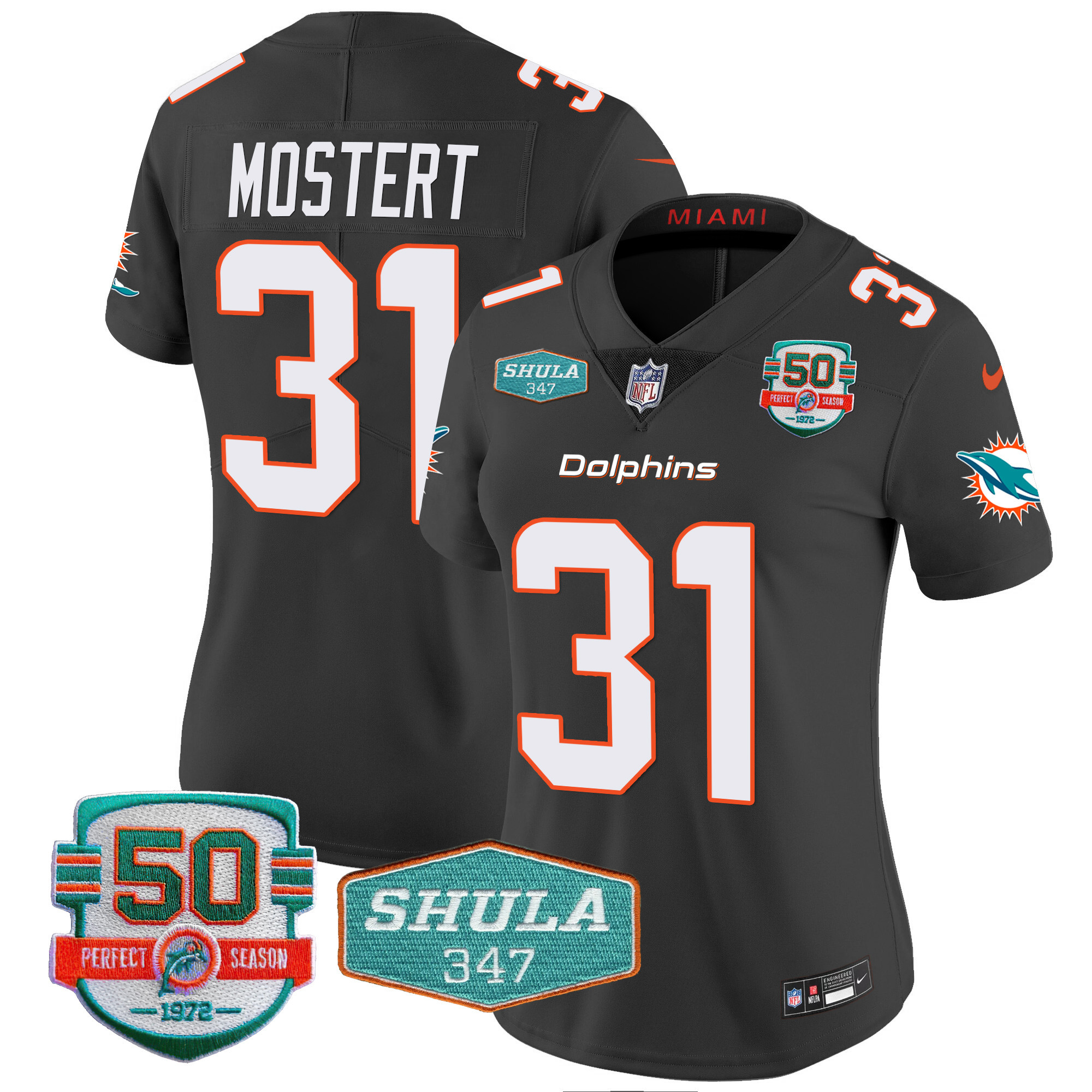 Raheem Mostert Women's Miami Dolphins Shula 347 Patch Vapor Black Jersey - All Stitched