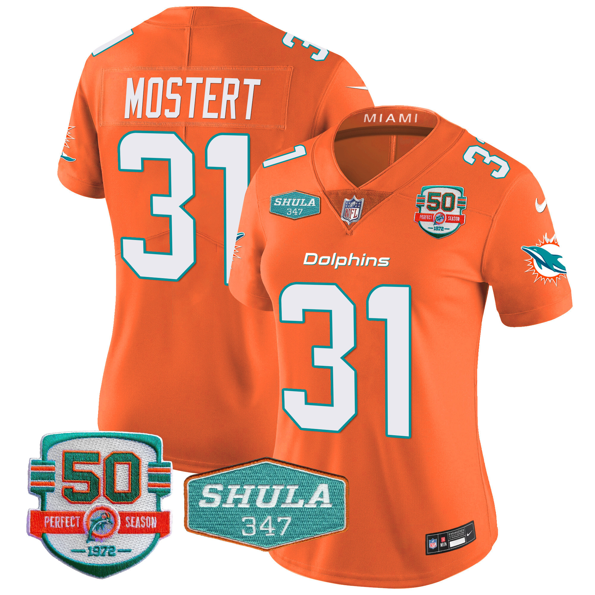 Raheem Mostert Women's Miami Dolphins Shula 347 Patch Vapor Orange Jersey - All Stitched