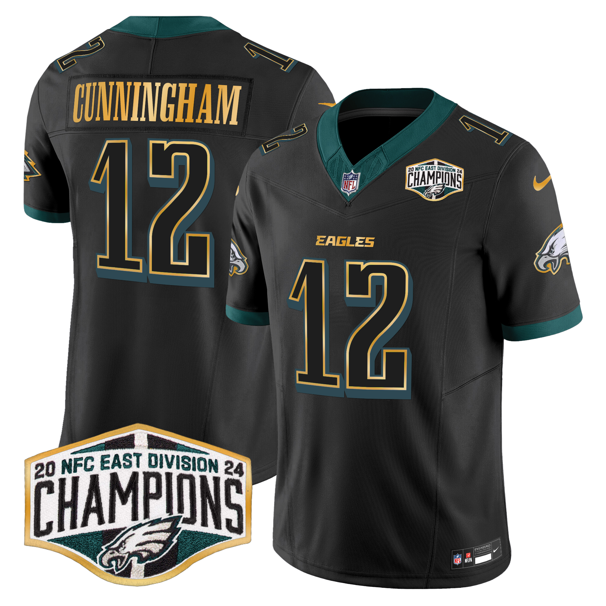 Randall Cunningham Men's Philadelphia Eagles 2024 NFC East Division Champions Gold Trim Vapor Limited Black Jersey - All Stitched