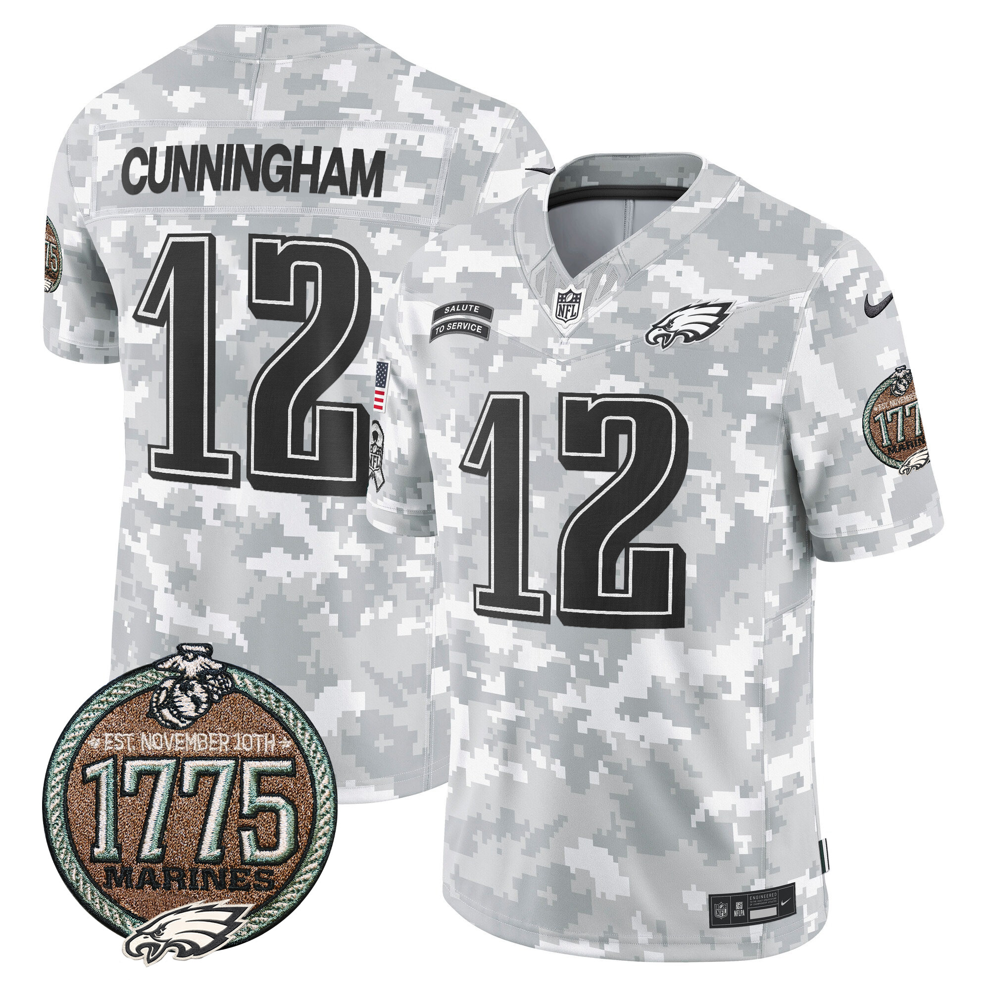 Randall Cunningham Men's Philadelphia Eagles 2024 Salute to Service Establishment Year Patch Vapor Limited Marines Jersey - All Stitched