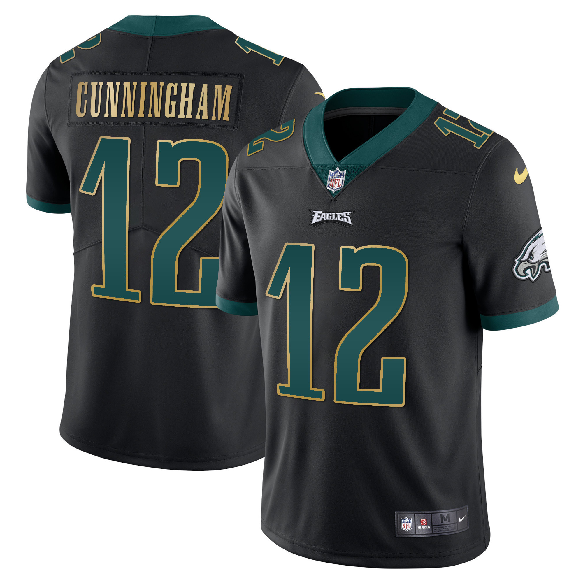 Randall Cunningham Men's Philadelphia Eagles Gold Trim Vapor Player Black Gold Trim Jersey - All Stitched