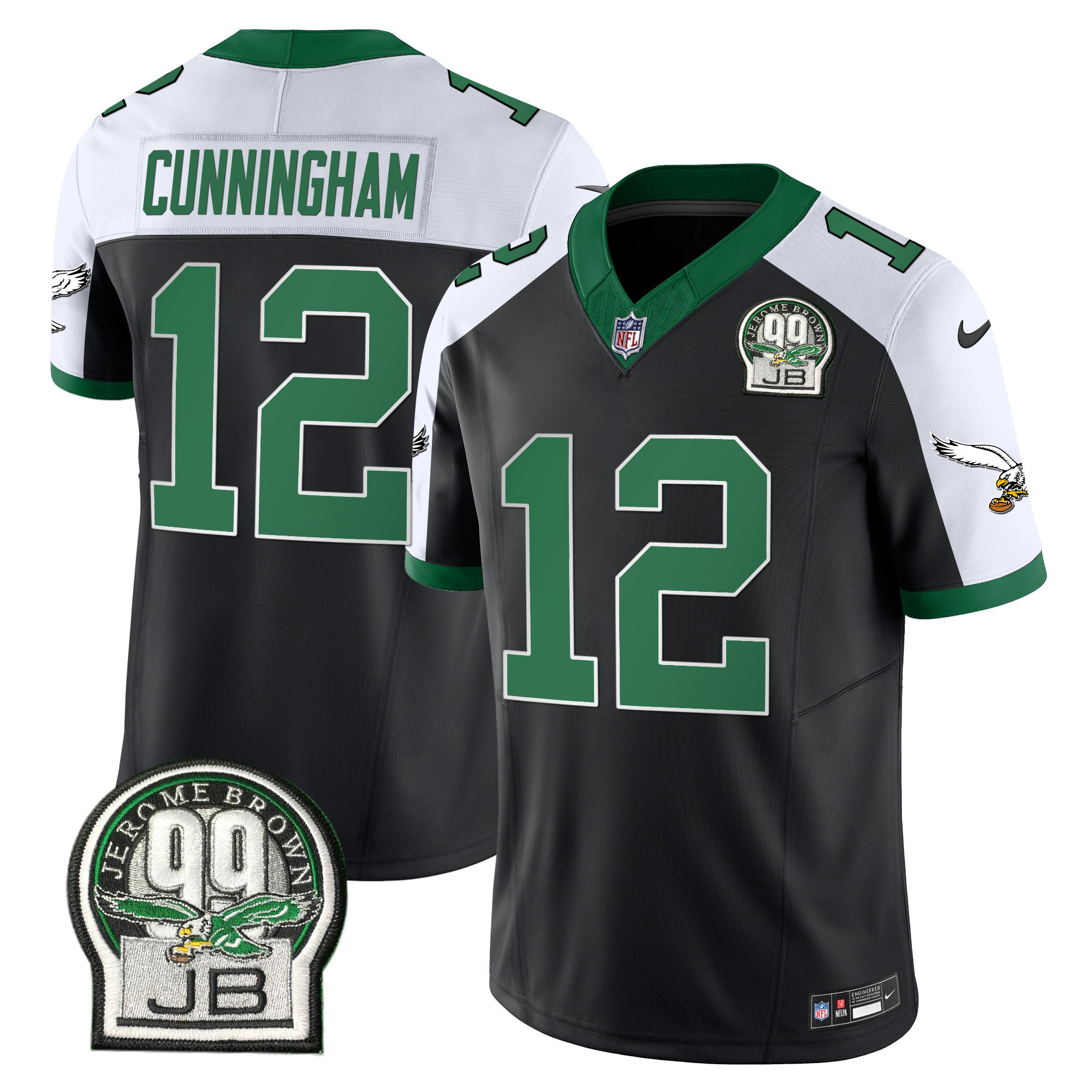 Randall Cunningham Men's Philadelphia Eagles Jerome Brown Patch Kelly Green Alternate Black Alternate Jersey - All Stitched