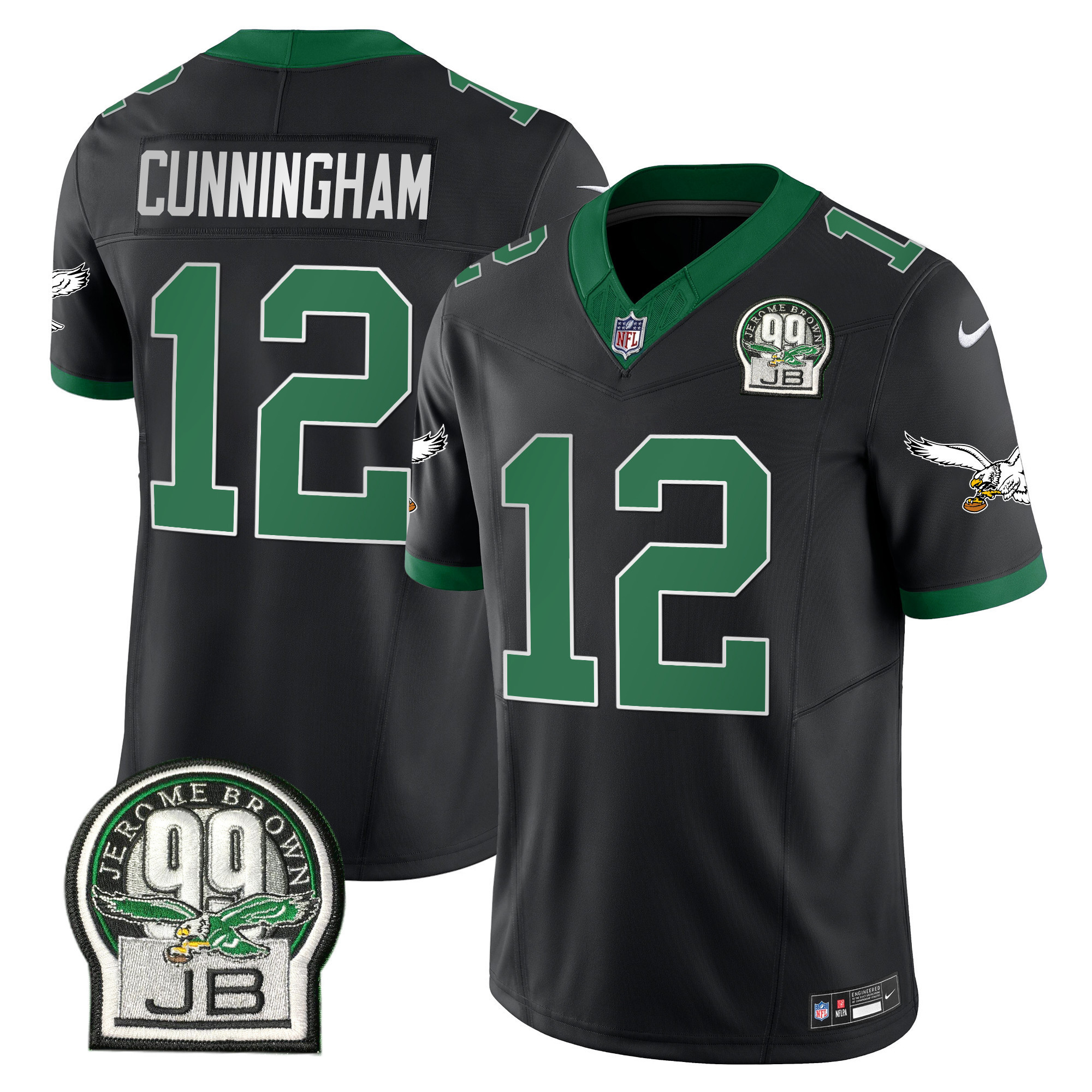 Randall Cunningham Men's Philadelphia Eagles Jerome Brown Patch Kelly Green Alternate Black Jersey - All Stitched
