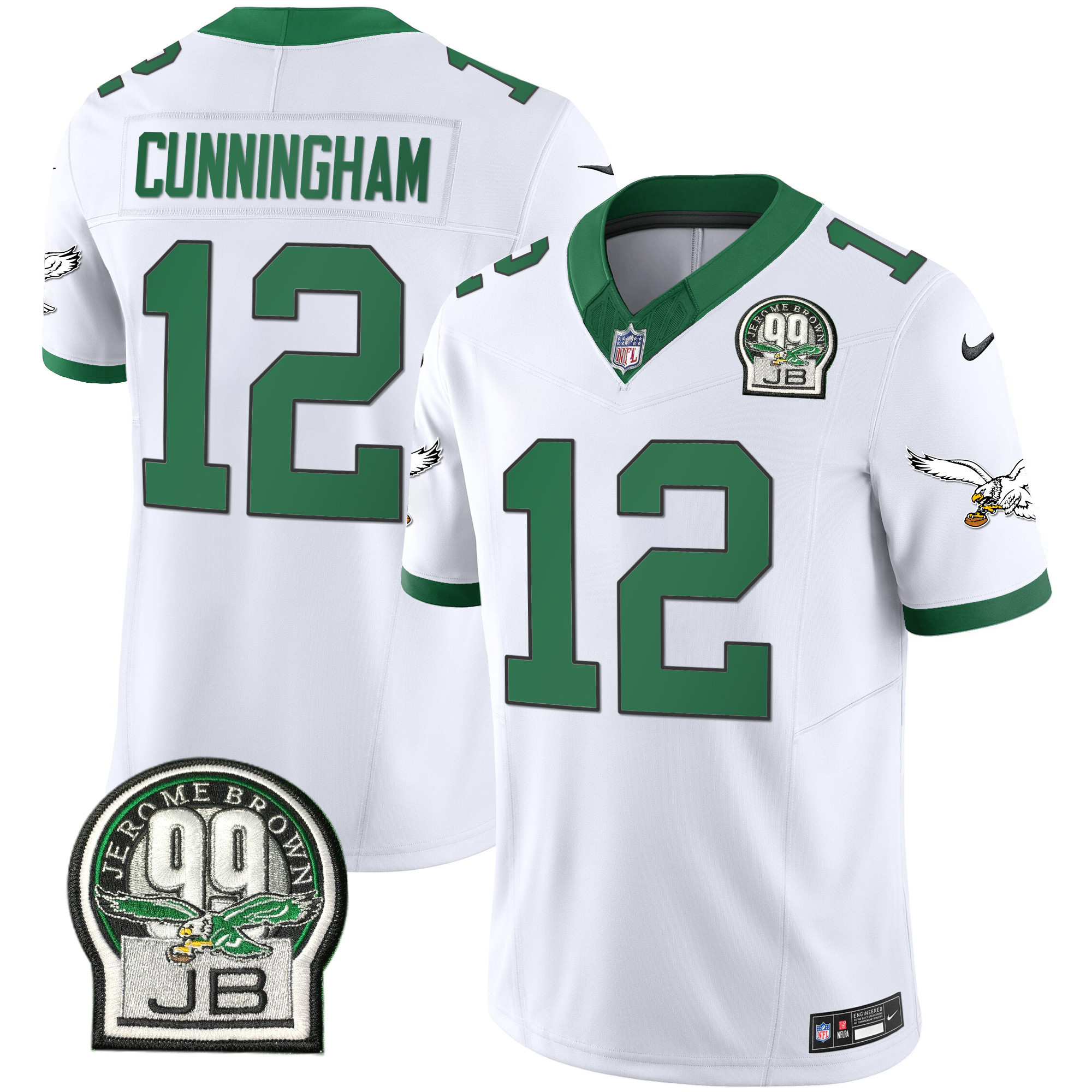 Randall Cunningham Men's Philadelphia Eagles Jerome Brown Patch Kelly Green Alternate Kelly White Jersey - All Stitched